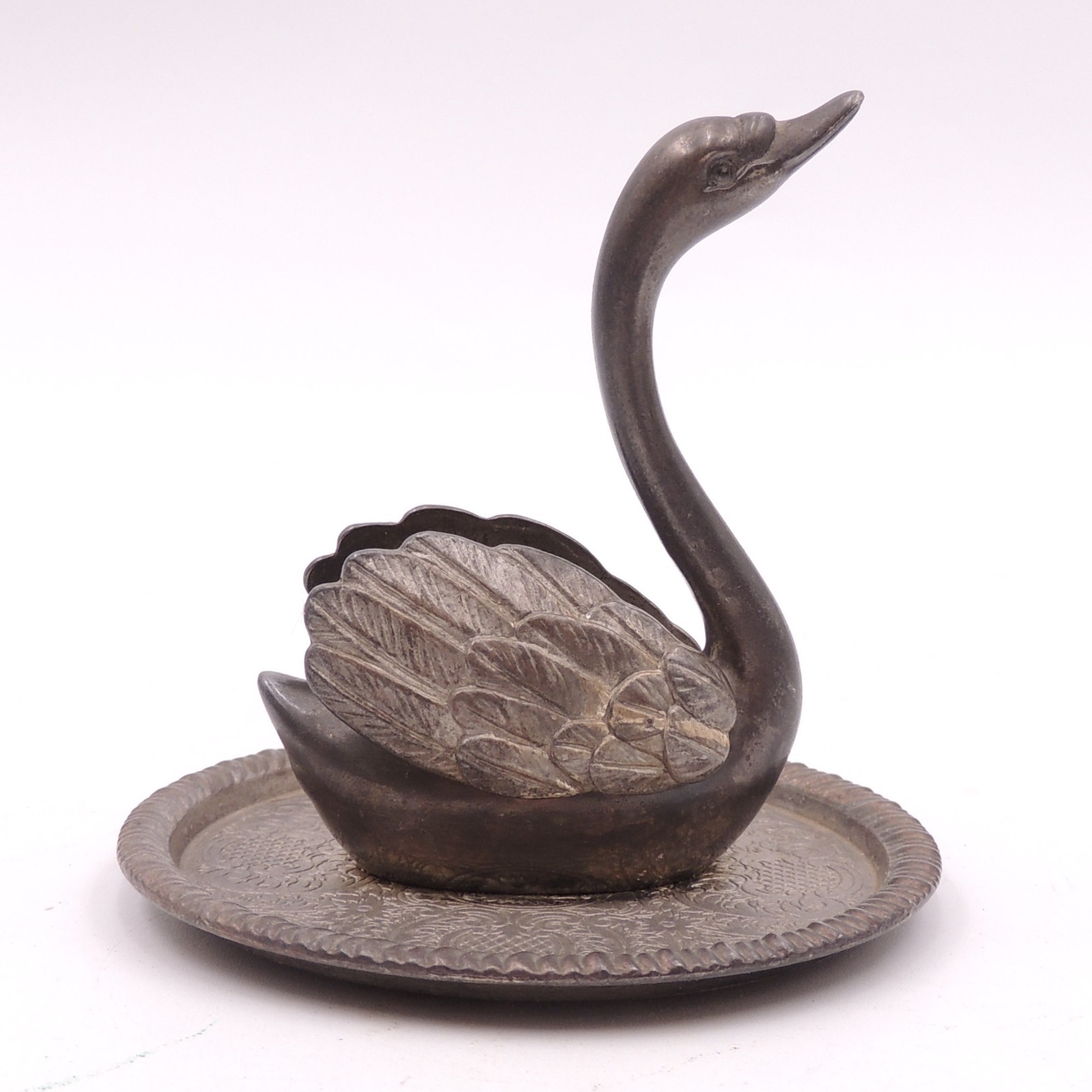 Vintage SWAN RING HOLDER EP Zinc Alloy Silver Metal Patinaed Vanity Decor MCM