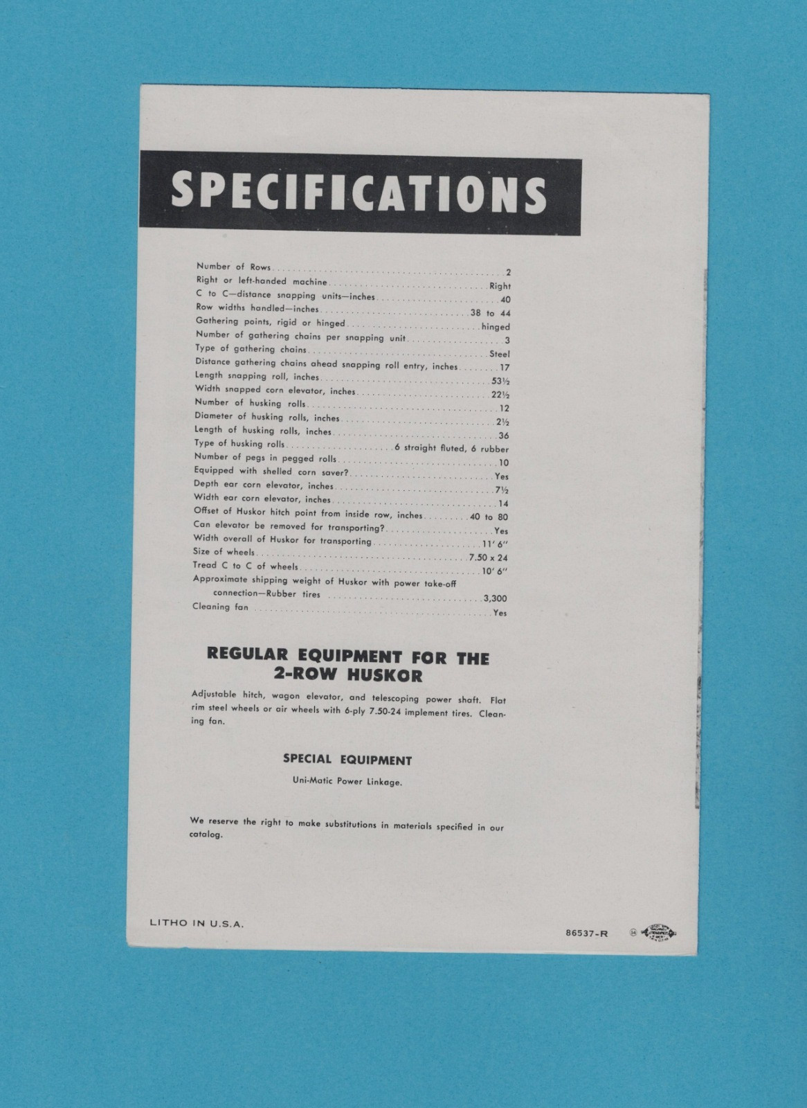 MINNEAPOLIS-MOLINE TWO ROW HUSKOR 4 PAGE BROCHURE 86537-R
