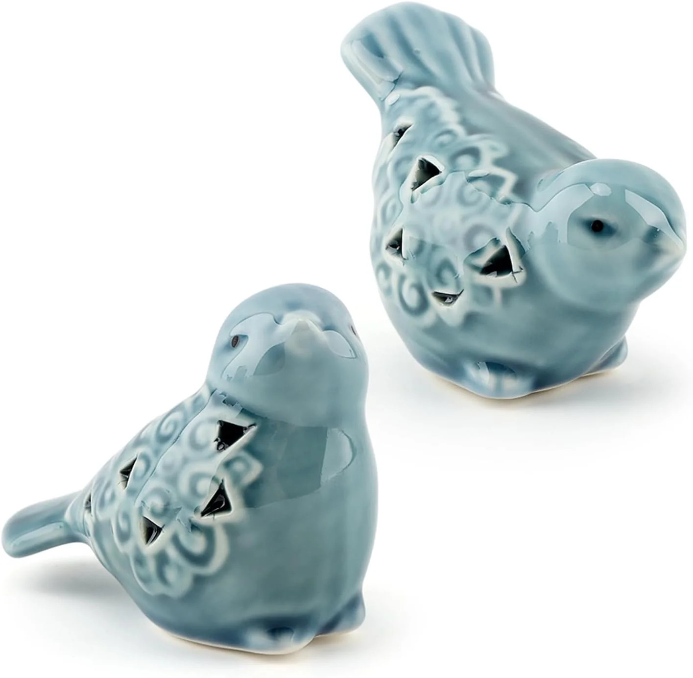 Small Ceramic Bird Figurines Set, 2 Pieces, Blue Glazed, Flower Detail | Include