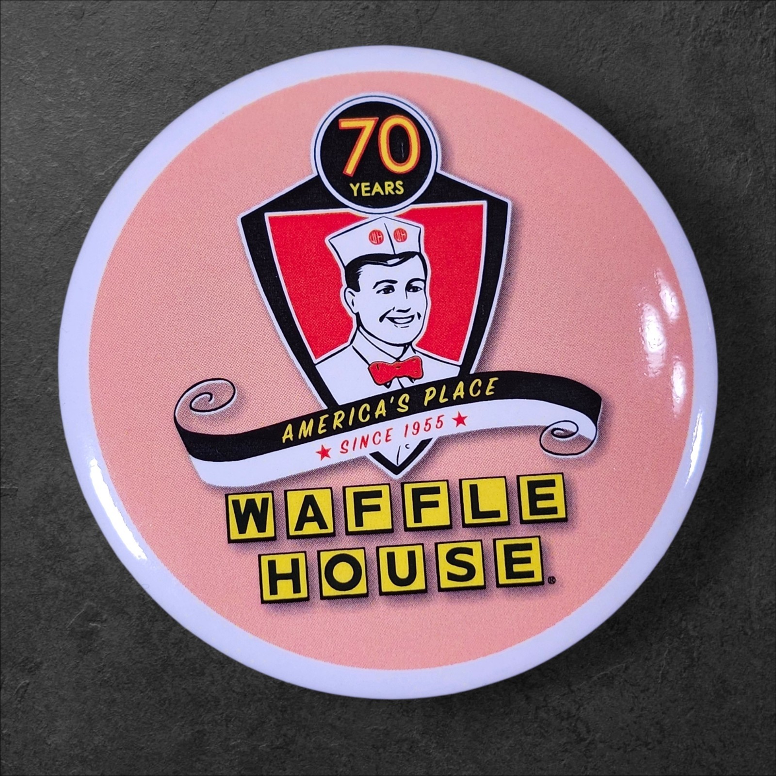 Waffle House 70th Anniversary Button Pinback America’s Place Since 1955 Orange