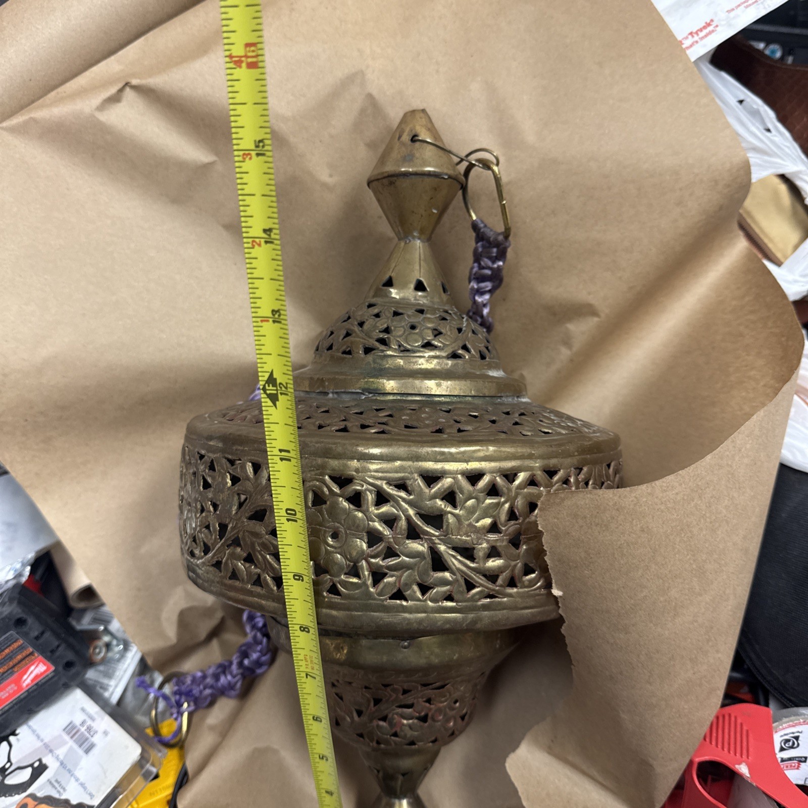 Vintage Pierced Brass Pendant Hanging Lantern Light Turkish Fixture- Middle East