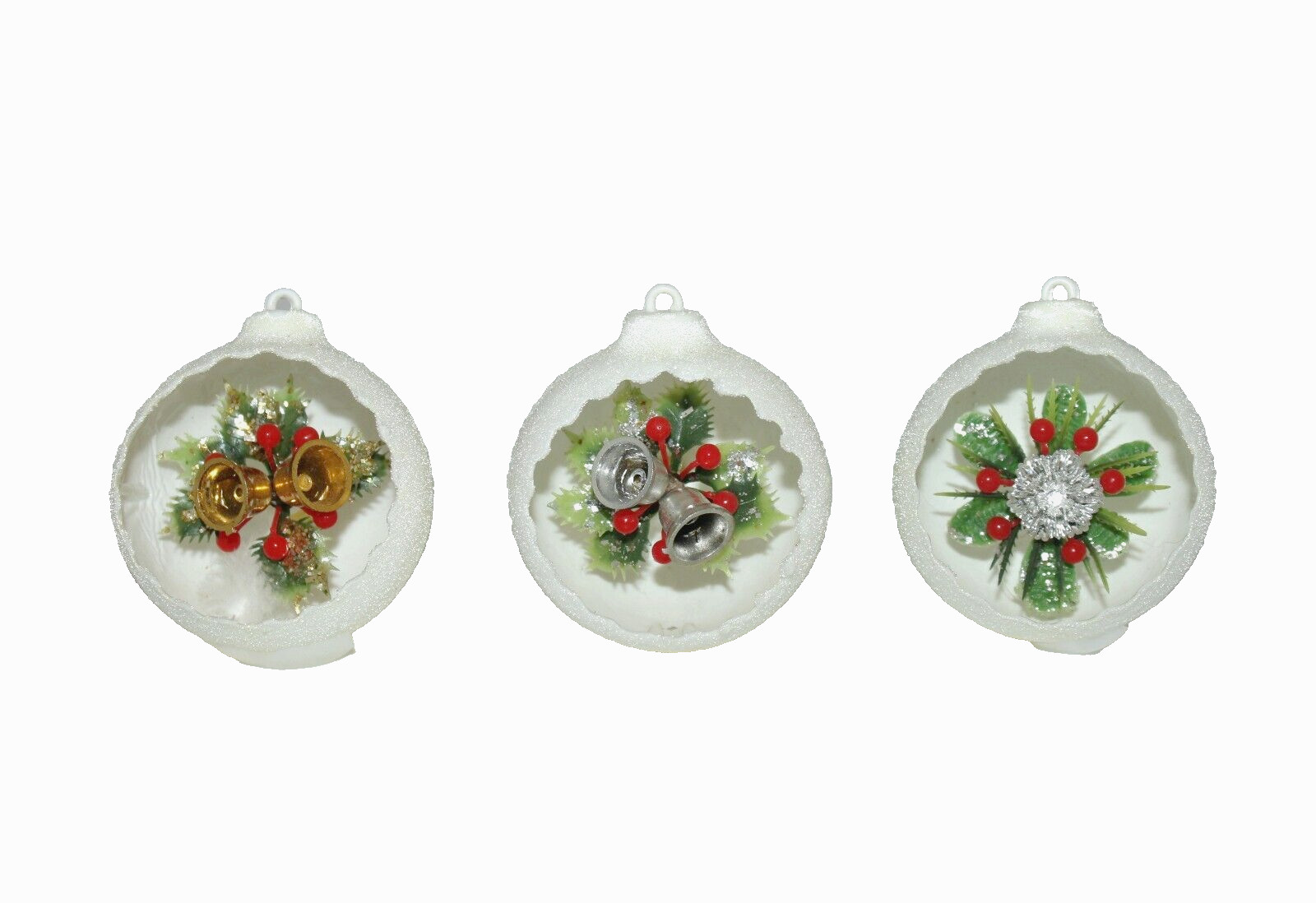 3 VTG Jewel Brite Snowball Diorama Christmas Ornaments 3D White Flowers Bells