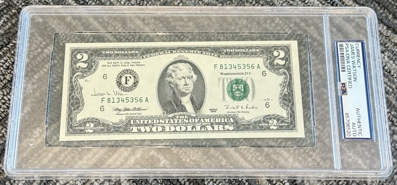 James D. Watson Signed Autograph $2 Bill Currency PSA/DNA Encapsulated