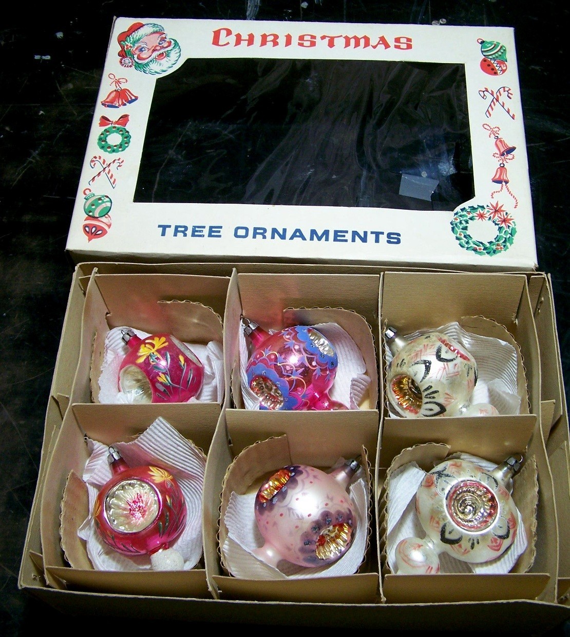 Box 6 Vintage Glass HP Poland Christmas Ornaments Triple Indent Finial Pink Mica