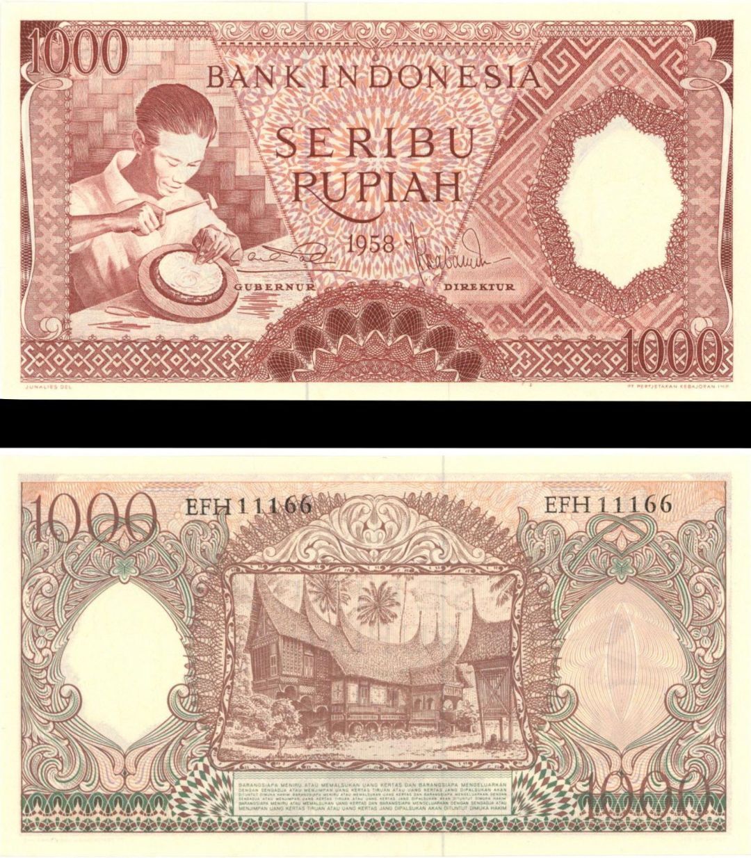 Indonesia – 1000 Rupiah – P-61 – 1958 dated Foreign Paper Money – Paper Money –