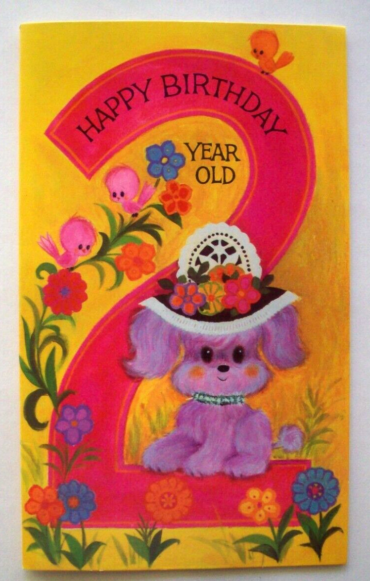 Dog puppy in flower hat with birds vintage Birthday greeting card *OO18