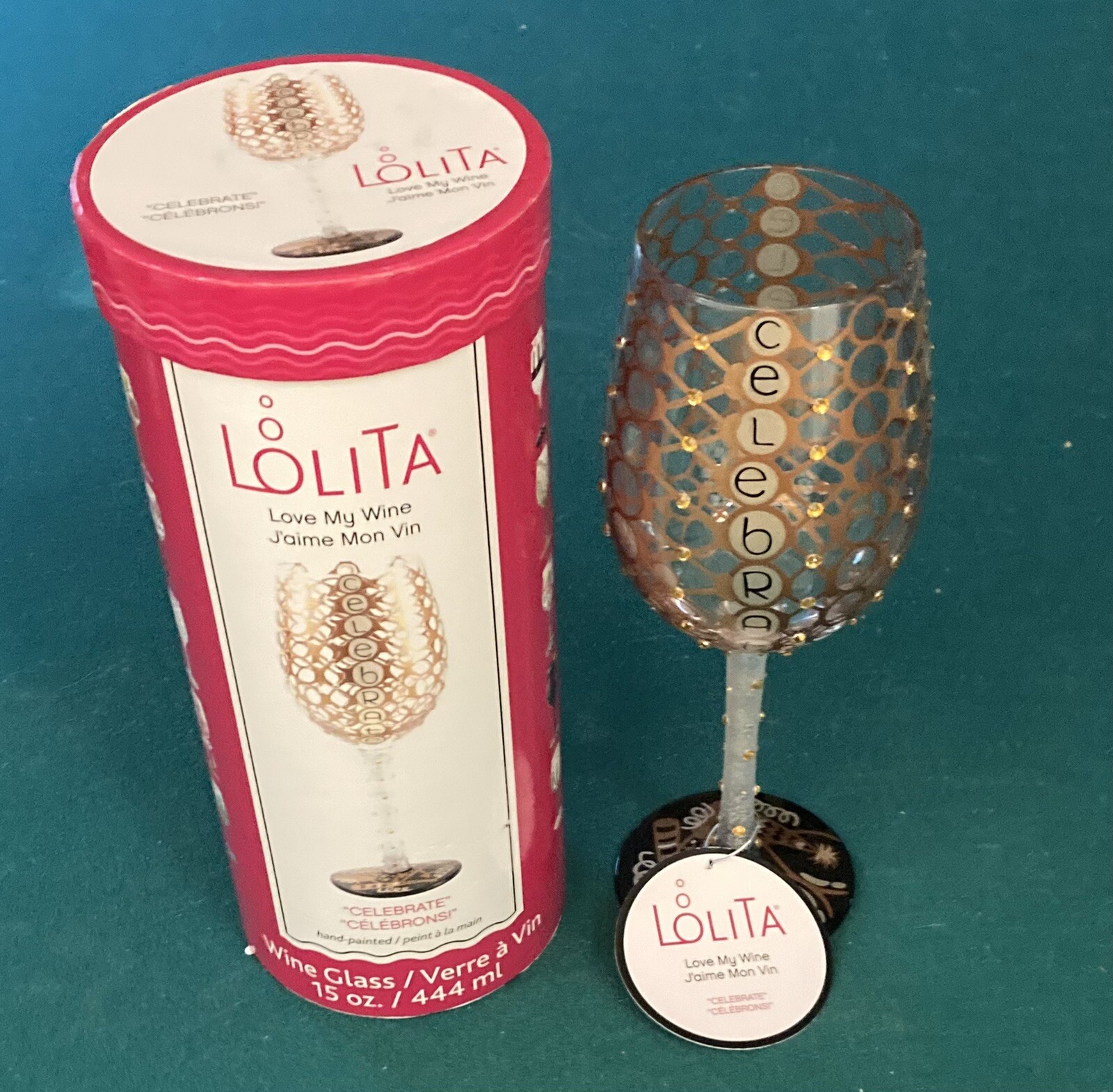 Lolita Hand painted 16 Oz Wine Glass “ Celebrate “ W/ Recipe Brand New with Box