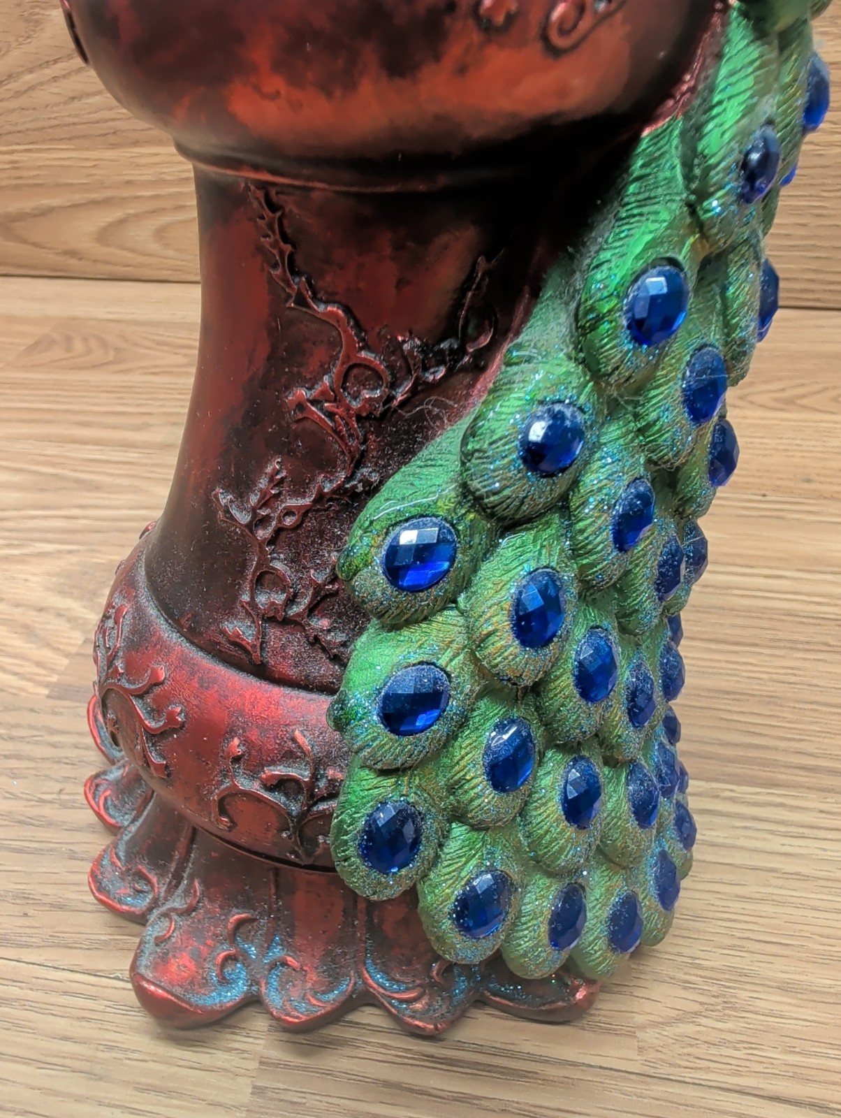 Ornate Jeweled Peacock Figurine Iridescent Resin Beautiful Detail