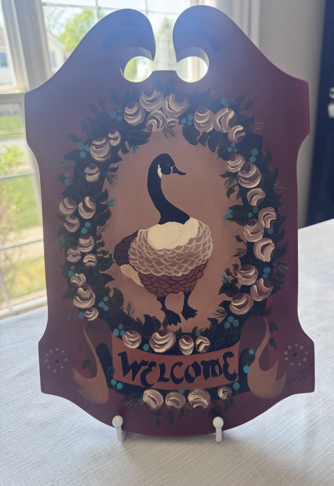 VTG Hand Painted WELCOME Wood Sign Plaque Goose Country Farmhouse Folk Art