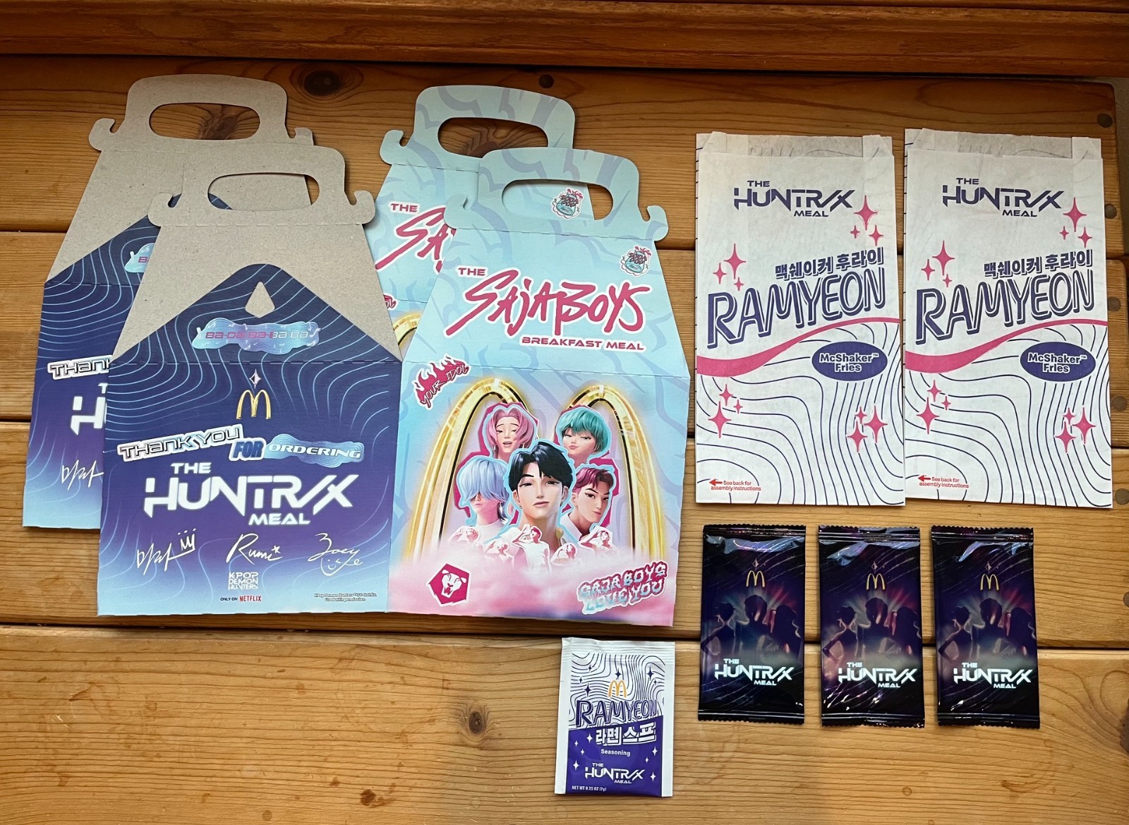 HUNTRAX DEMON HUNTERS MCDONALDS RAMYEON BAGS, BOXES, SALT, CARD PACKS (3) LOT