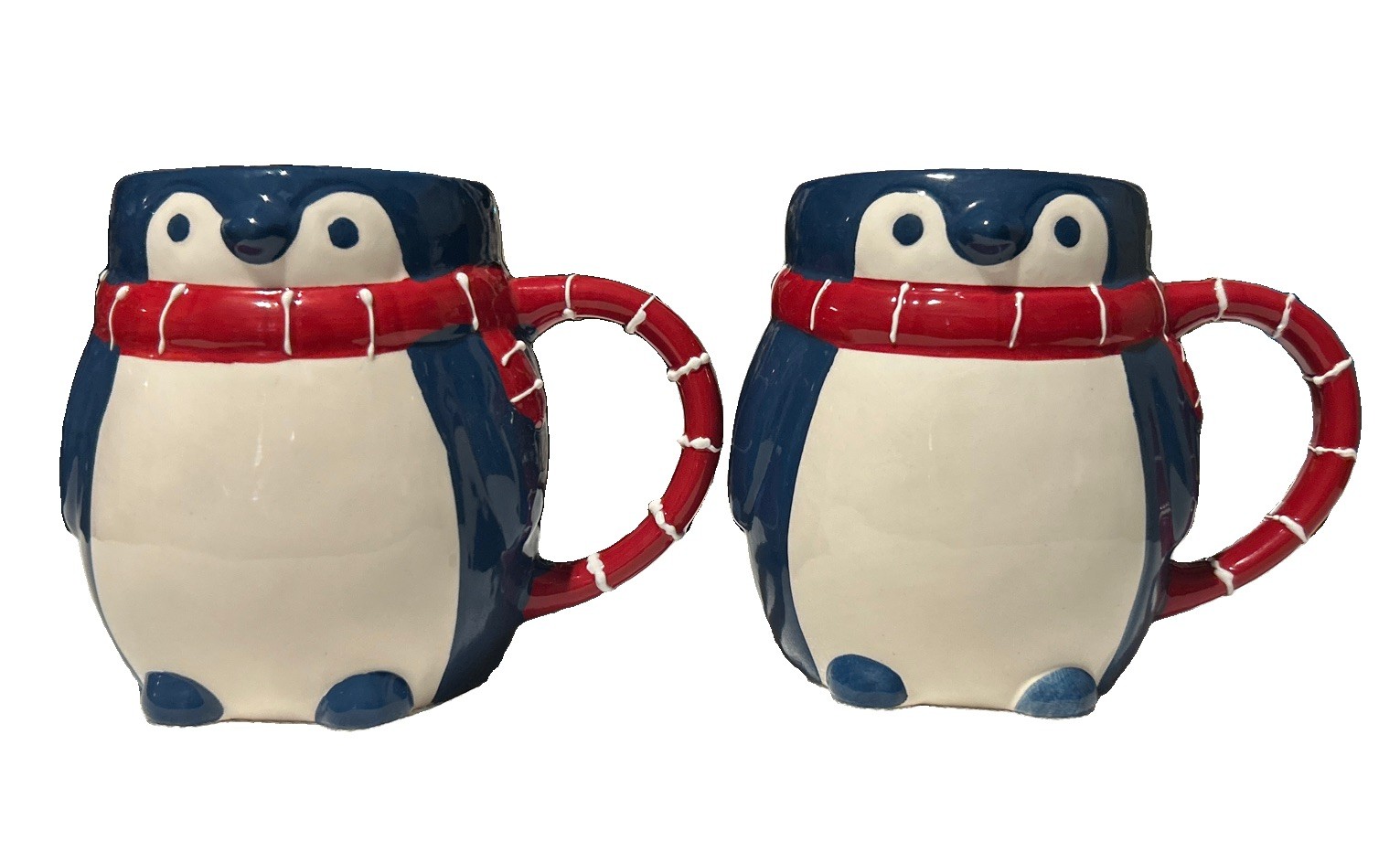 Wondershop Earthenware 3D Blue Penguin with Red Scarf Coffee Mugs Set (2) 16oz