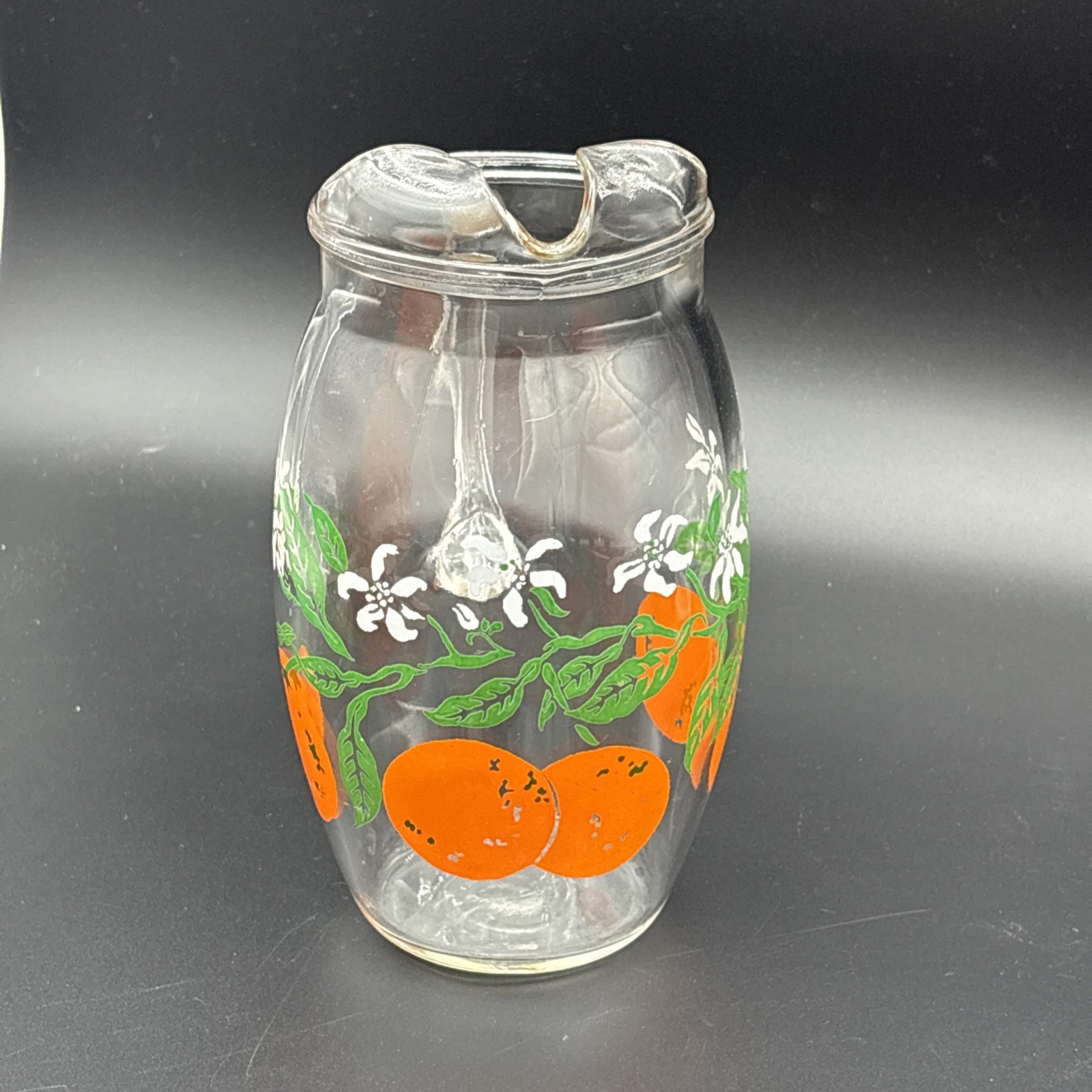 Vintage 1950s Anchor Hocking Orange Blossom Glass Juice Pitcher 8.5″ Handled