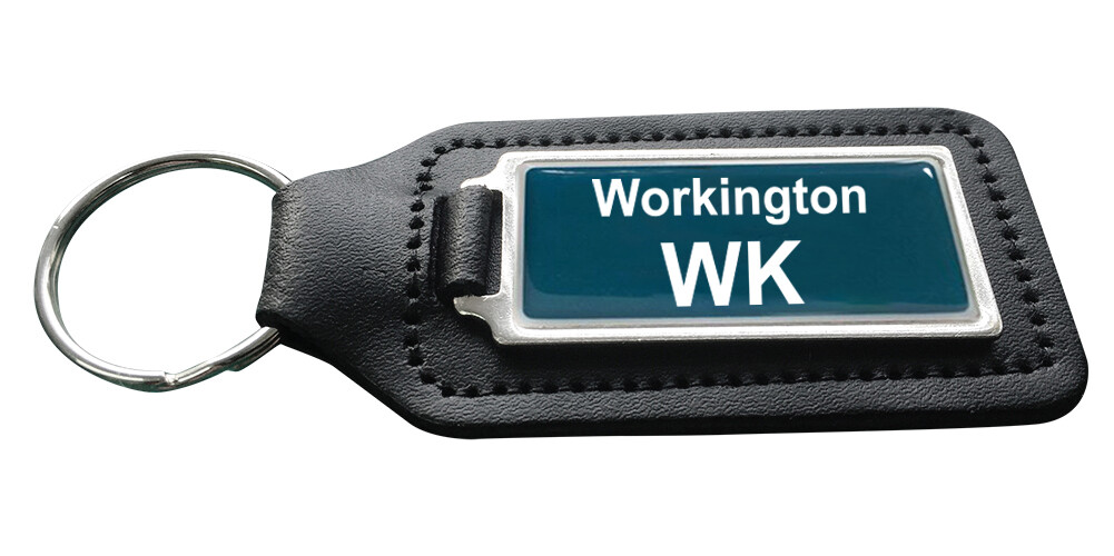 Workington Station Train Depot Black Leather Keyring (Rectangle)