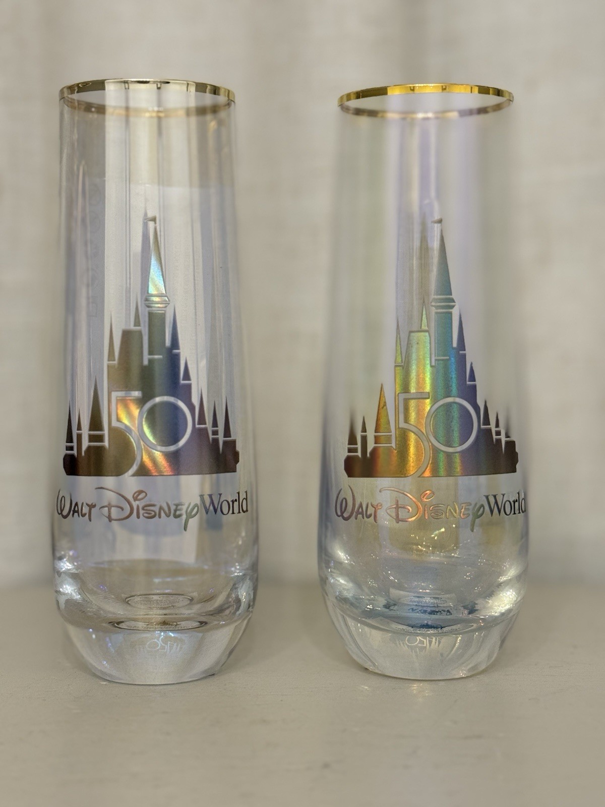 Disney World 50th Anniversary Iridescent Stemless Champagne Flute Glasses Pair