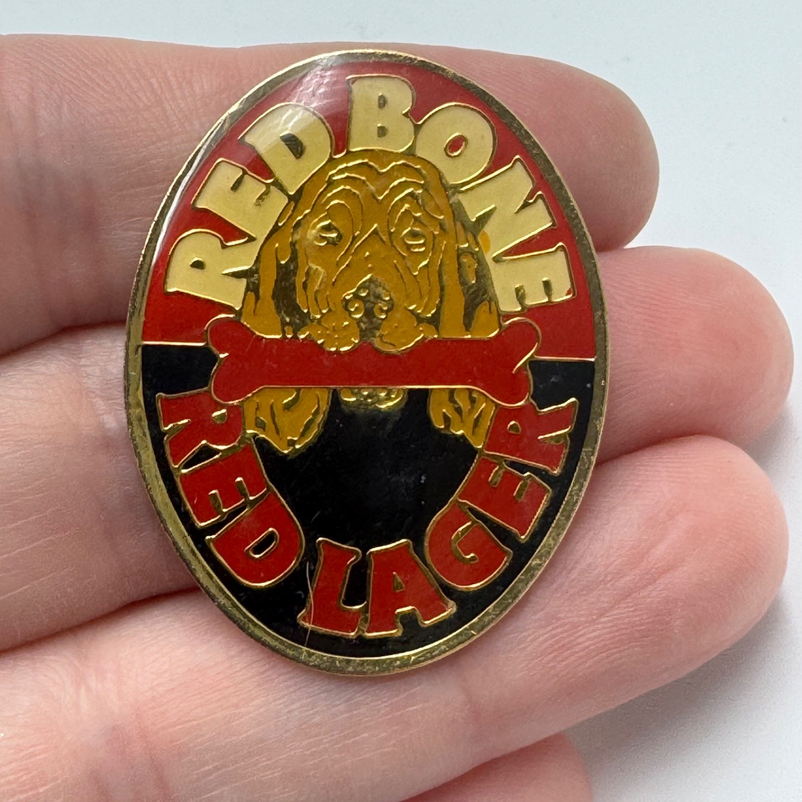 Vintage Red Bone Red Lager Dog Logo Beer Lapel Pin Brewery Advertising
