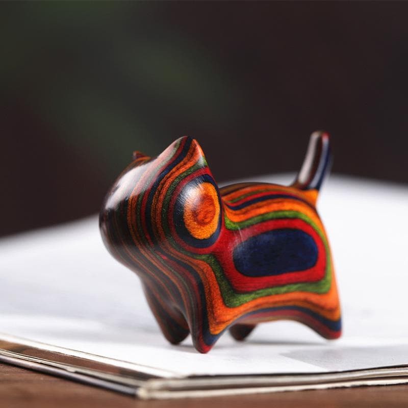 Wooden Cat Figurine with Bell, Handmade Miniature Decor, approx 2.4×4.7cm used