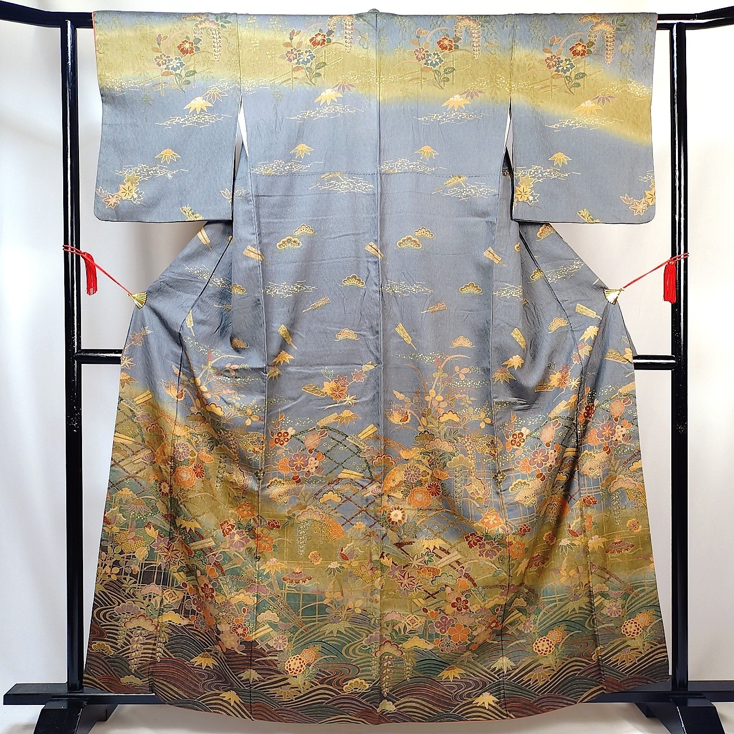Vintage Japanese Silk Kimono Robe – Gray Pine Bamboo Plum Gold