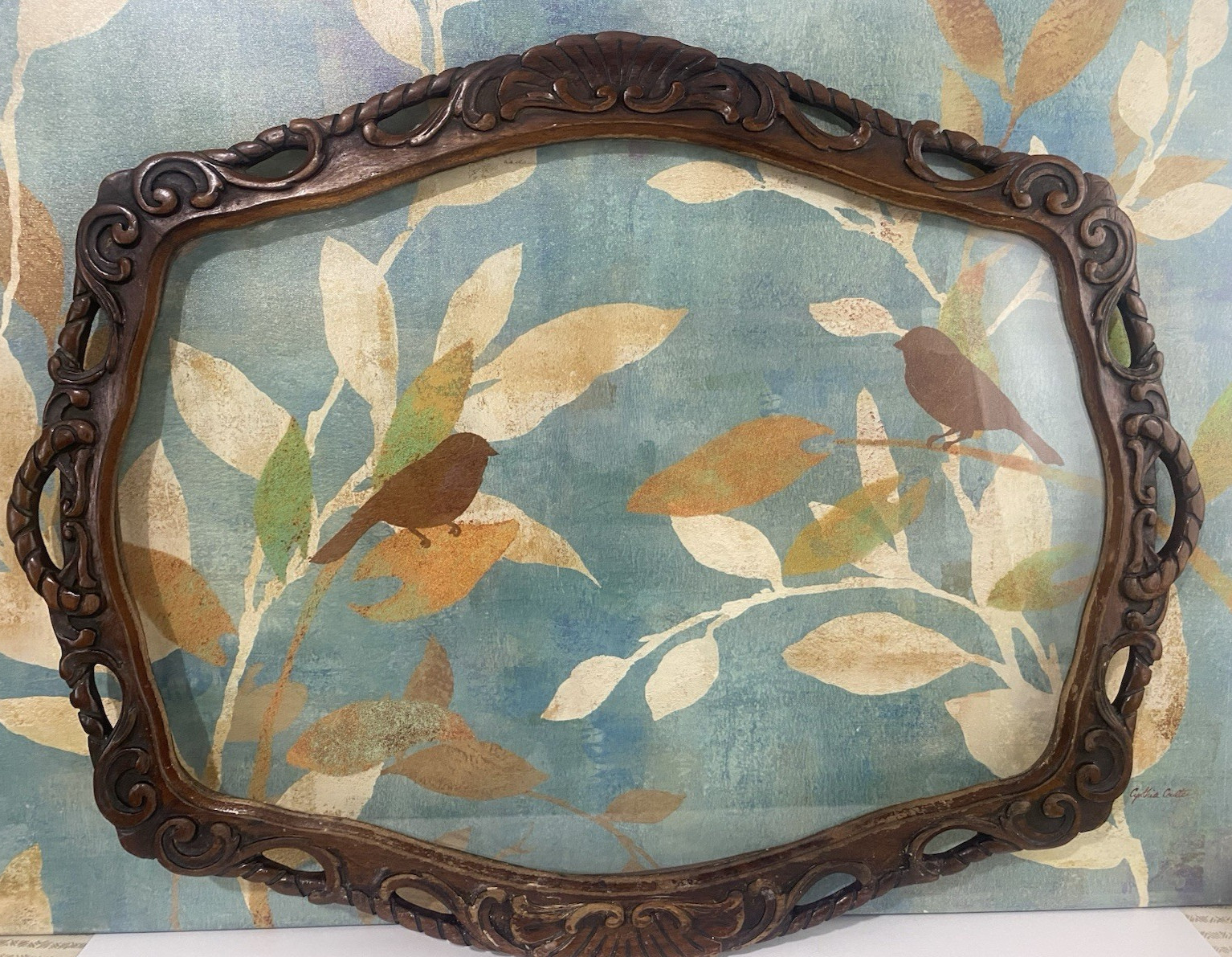 Large Ornate Antique Hand Carved Frame Tray Rustic Farmhouse w/Glass 28″x22″