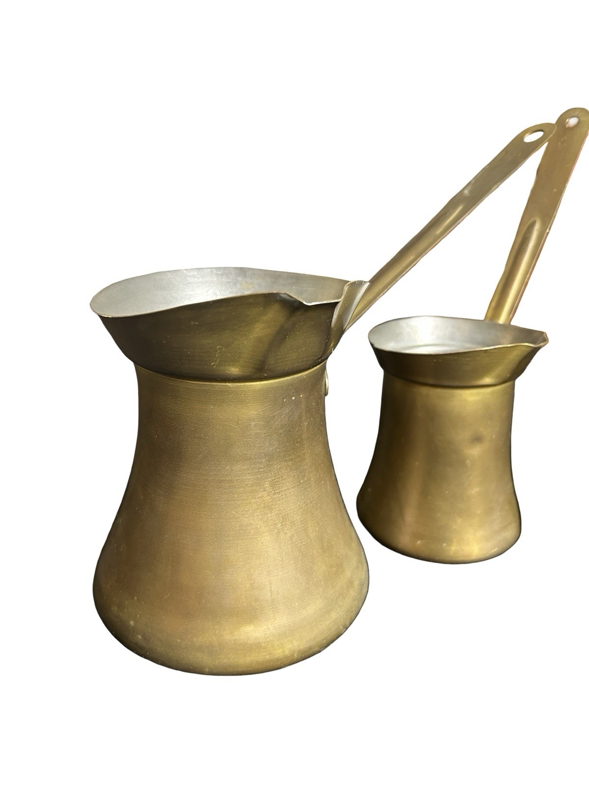 Lot of 4 Brass Middle Eastern Turkish Coffee Cezves Variety Of Sizes READ DESCR.