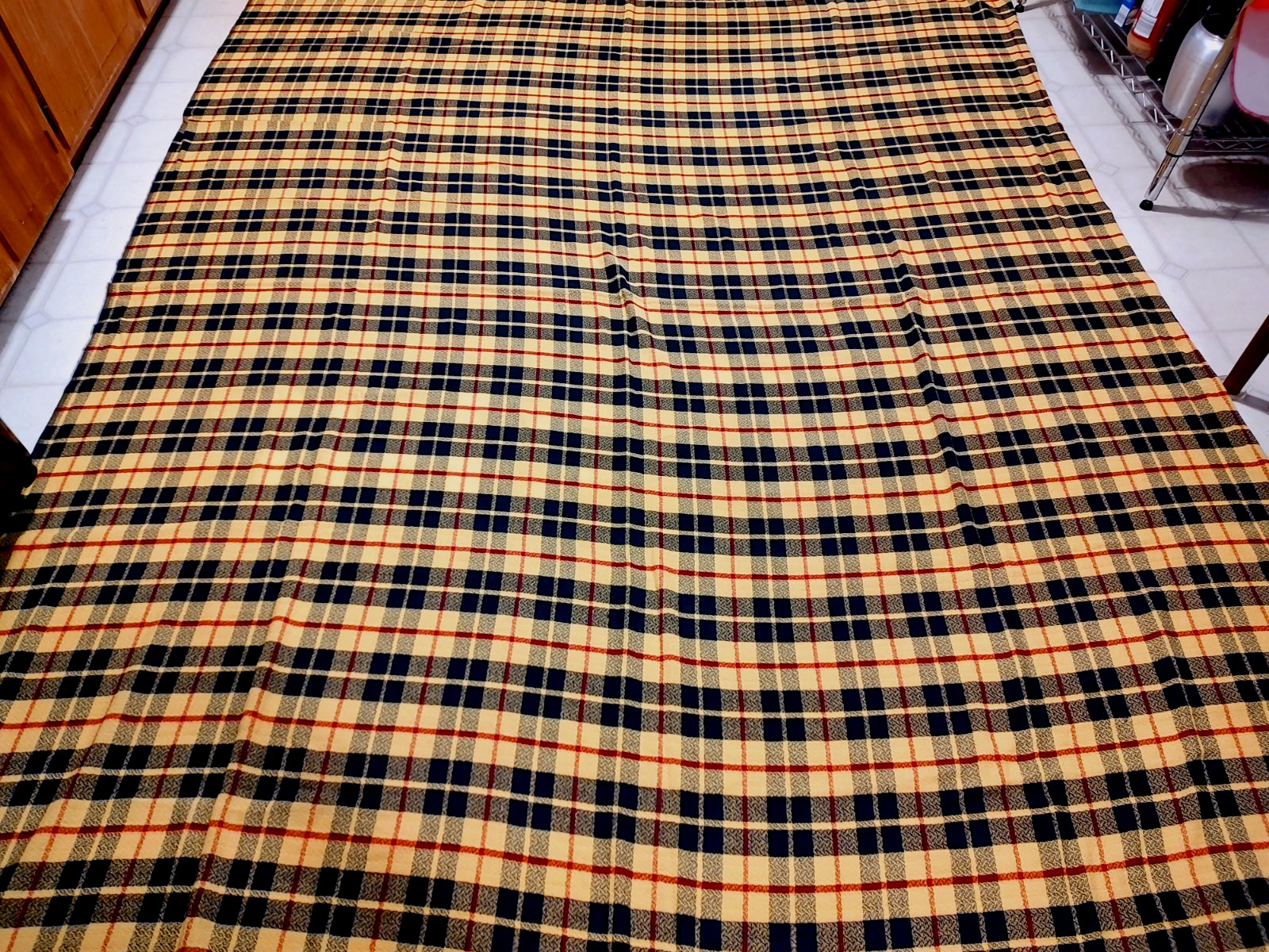 Vtg Mid Century Woven Bedspread Red Yellow Black Plaid 97×83″ Twin? Retro