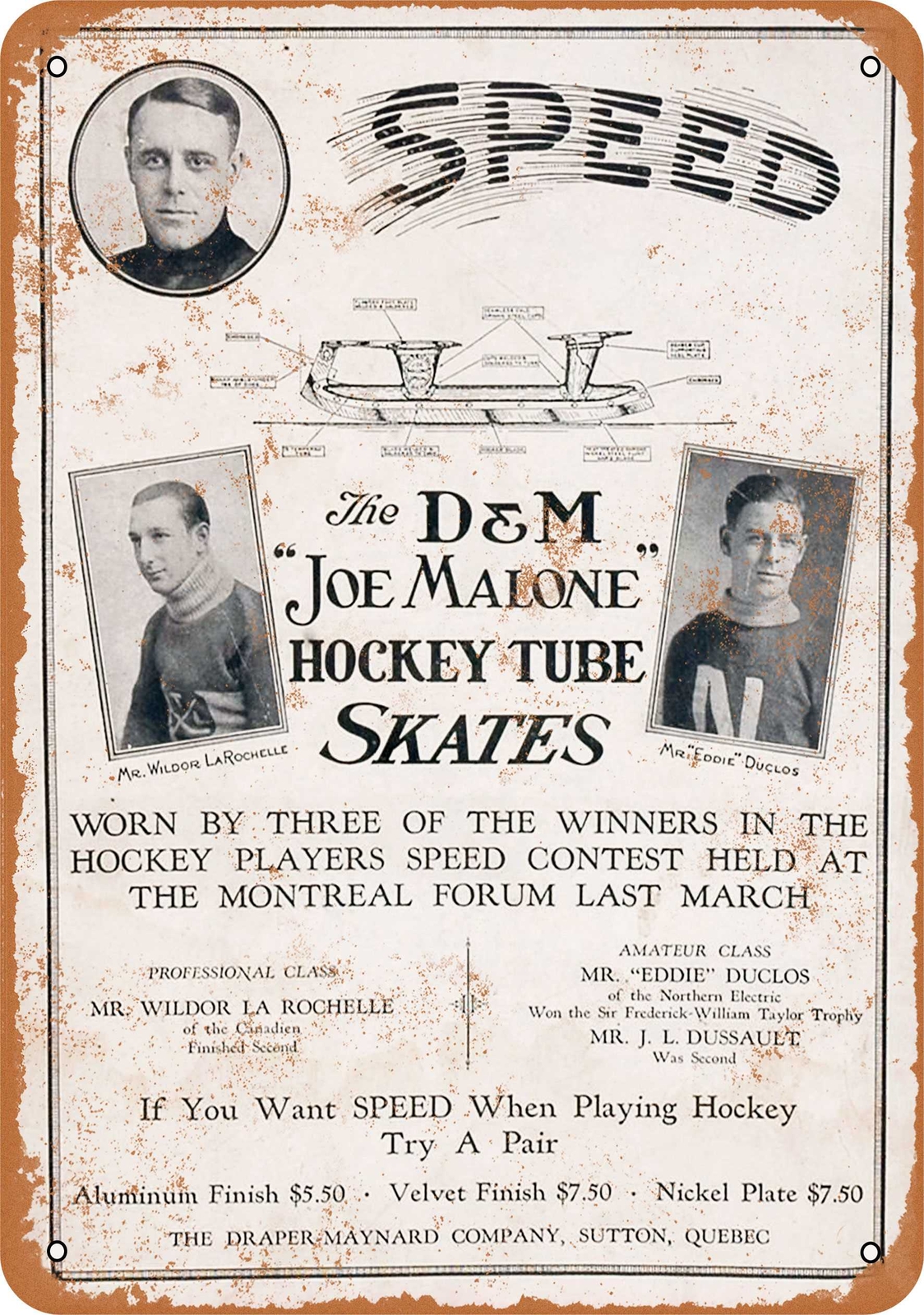 Metal Sign – 1923 Draper-Maynard Hockey Skates – Vintage Look Reproduction