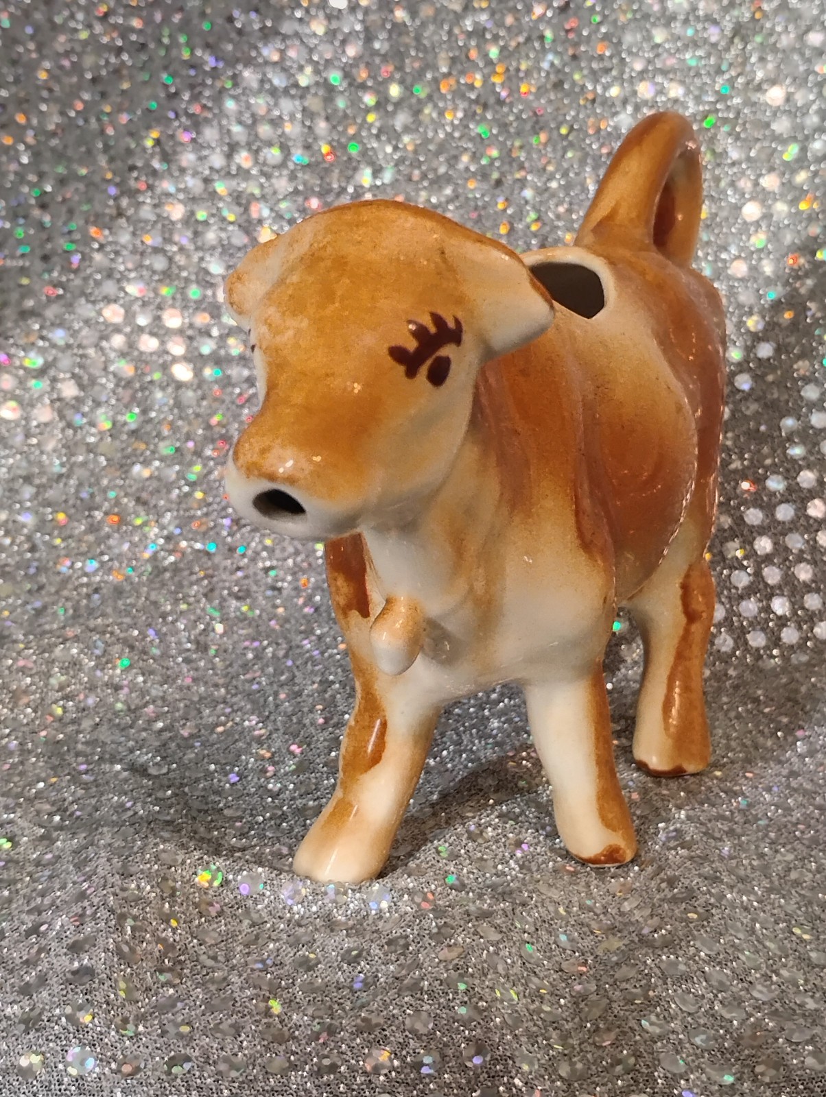 Vintage Ceramic Cow Creamer Pitcher Brown & White 4″ Tall x 6.5″ Long