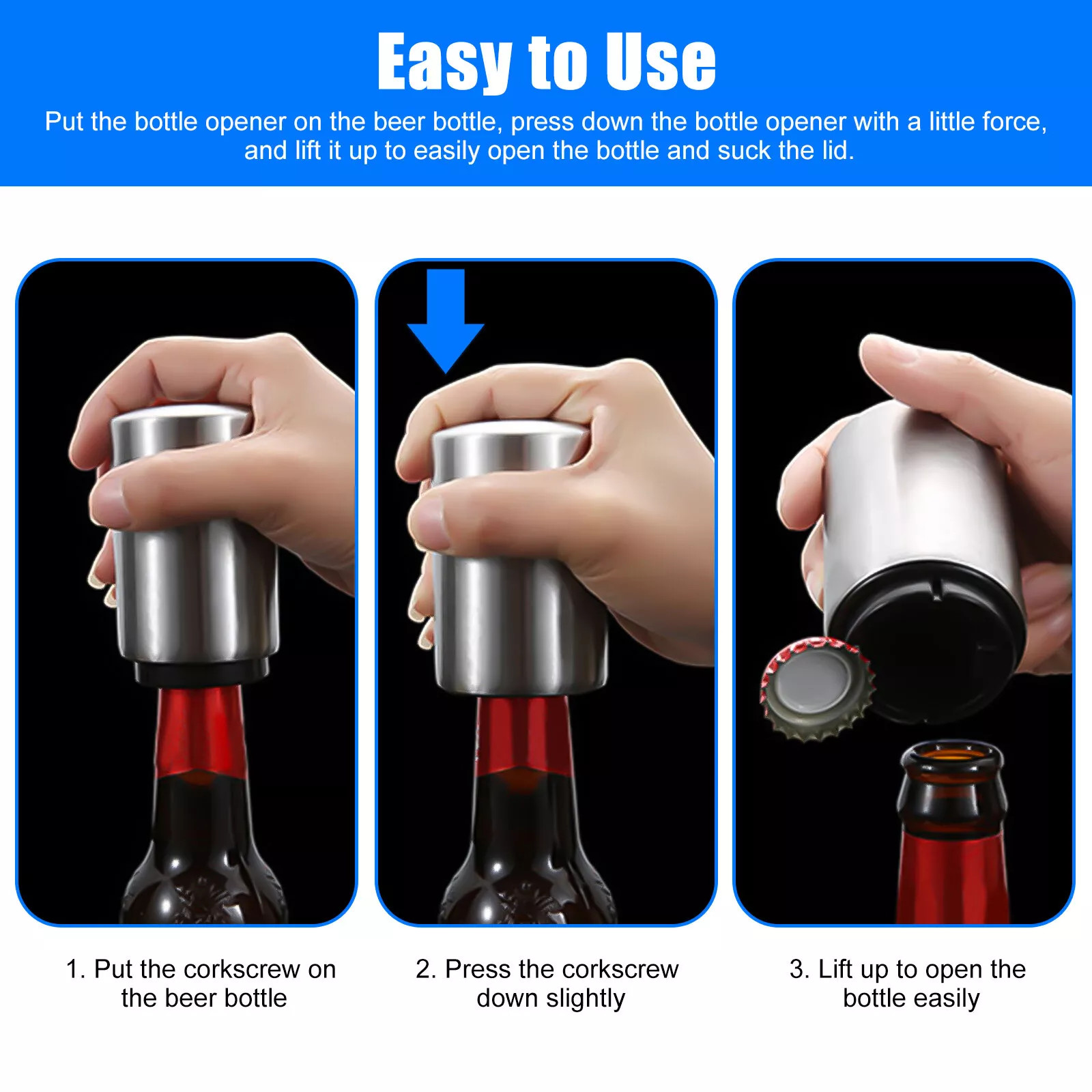 2 PCS Magnetic Beer Bottle Opener Automatic Cover Opening Stainless Steel Polish
