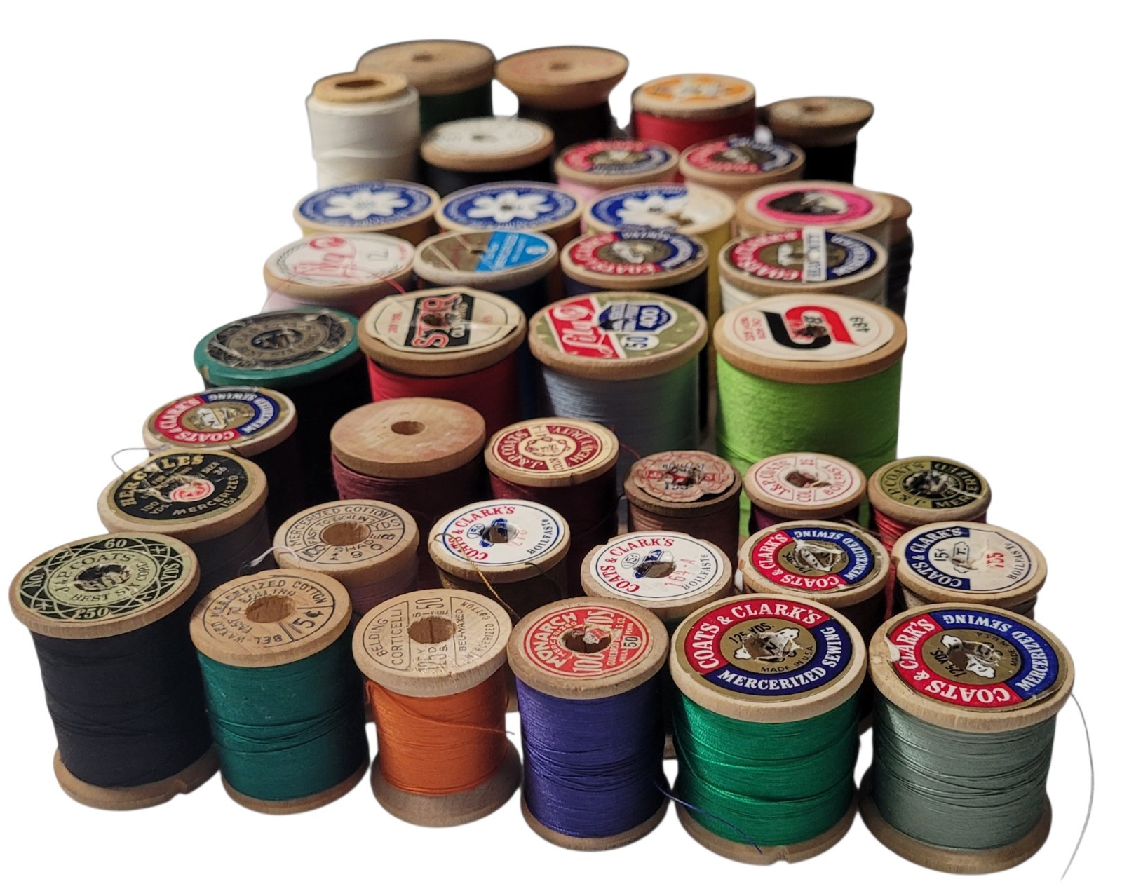 Vtg Wooden Thread Spools Lot of 39 Sewing Crafts Coats Clarks Star Belding Meyer