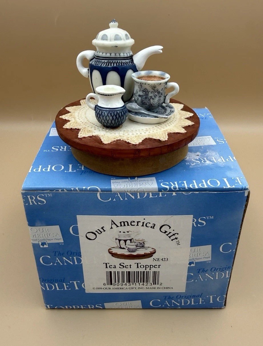 Our America Gift Candle Topper Tea Set Coffee Blue White for Yankee NEW In Box