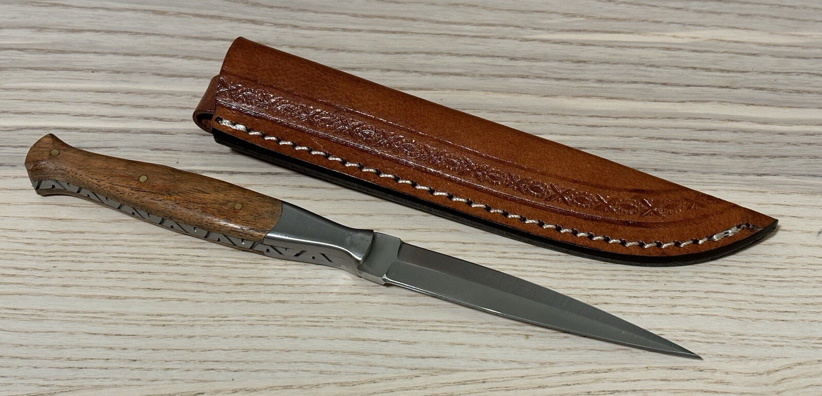 9” Slim Fixed Blade Knife Double Edge Spear Tip Custom Leather Sheath Full Tang