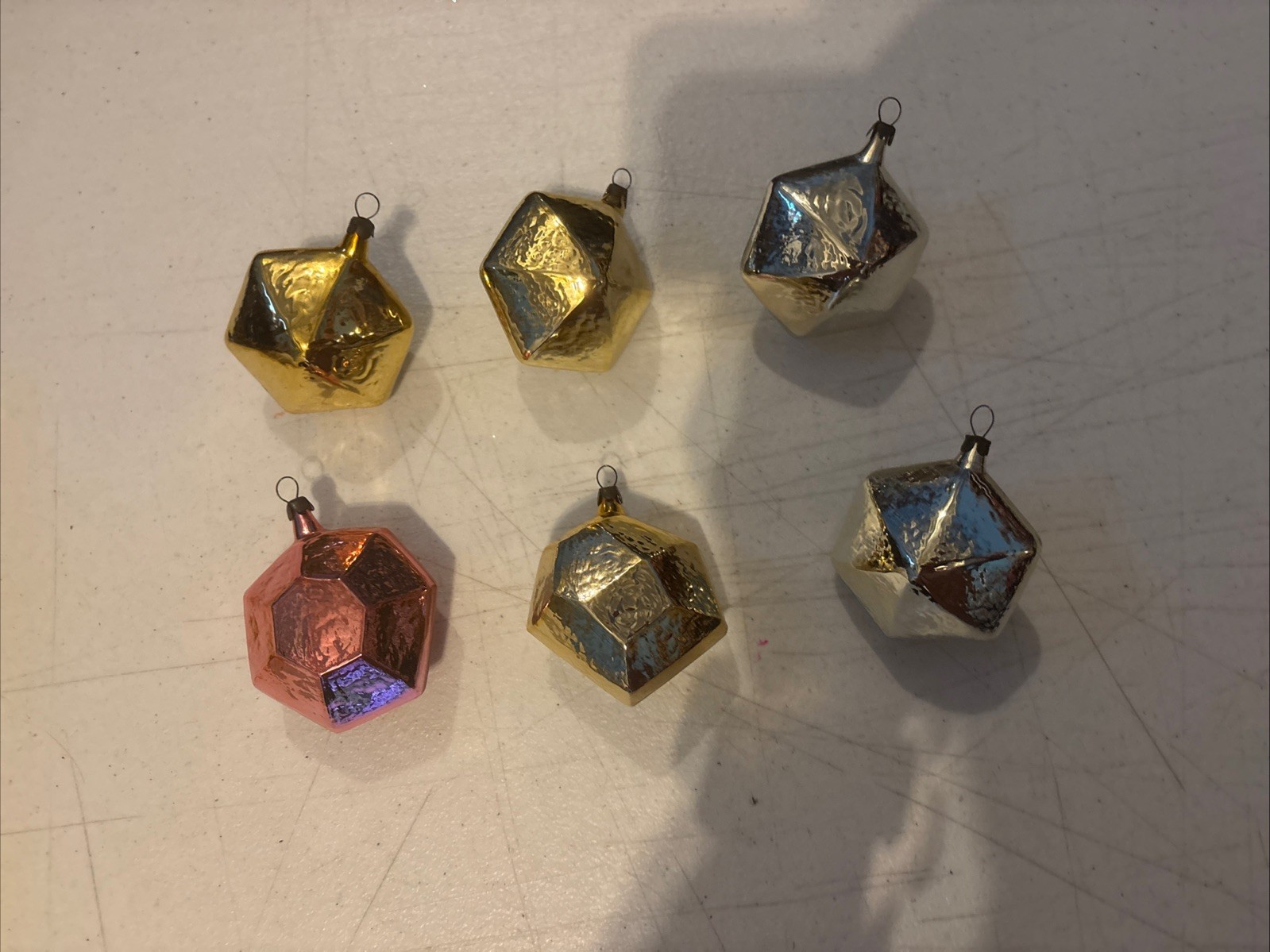 Set of 6 Vtg Ice Glass Geometric Hexagon Russian Christmas Ornaments ~3” Approx