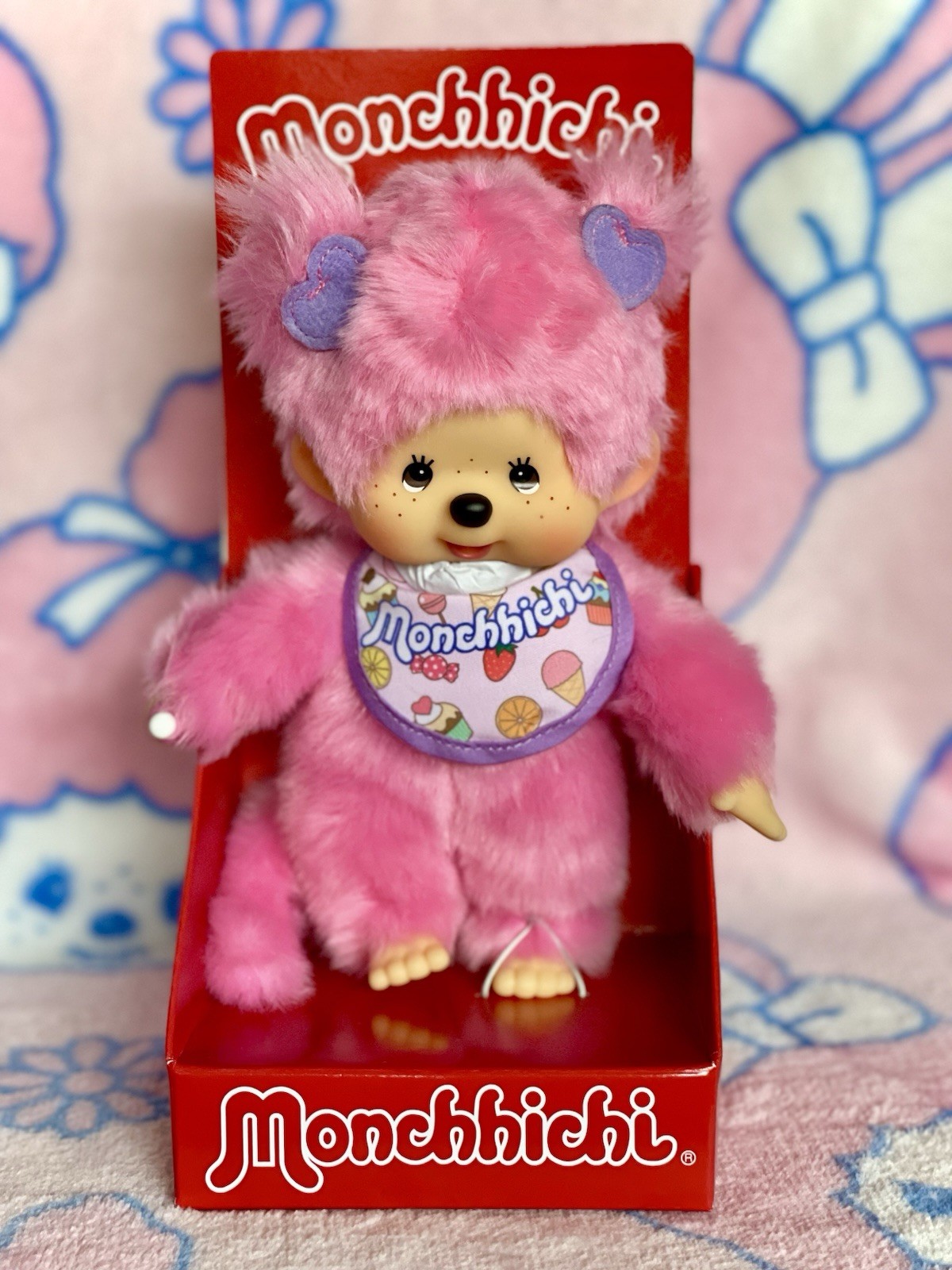Sekiguchi Monchhichi Pink Candy Girl 8” Plush w/ Lavender Heart pigtails NIB!!!