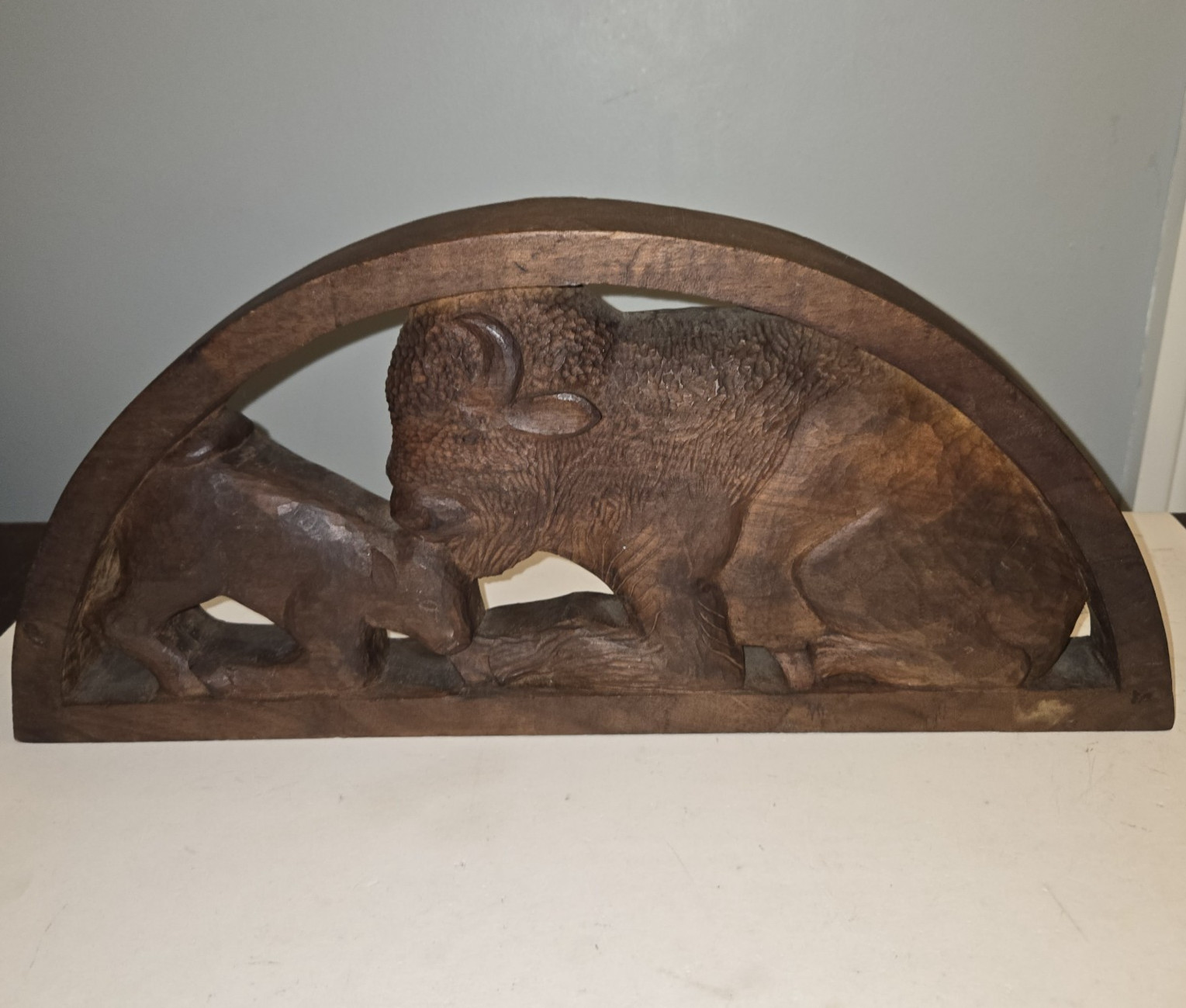 Vintage Hand Carved Buffalo and Calf Sculpture 17″ Western Folk Art Solid Rustic
