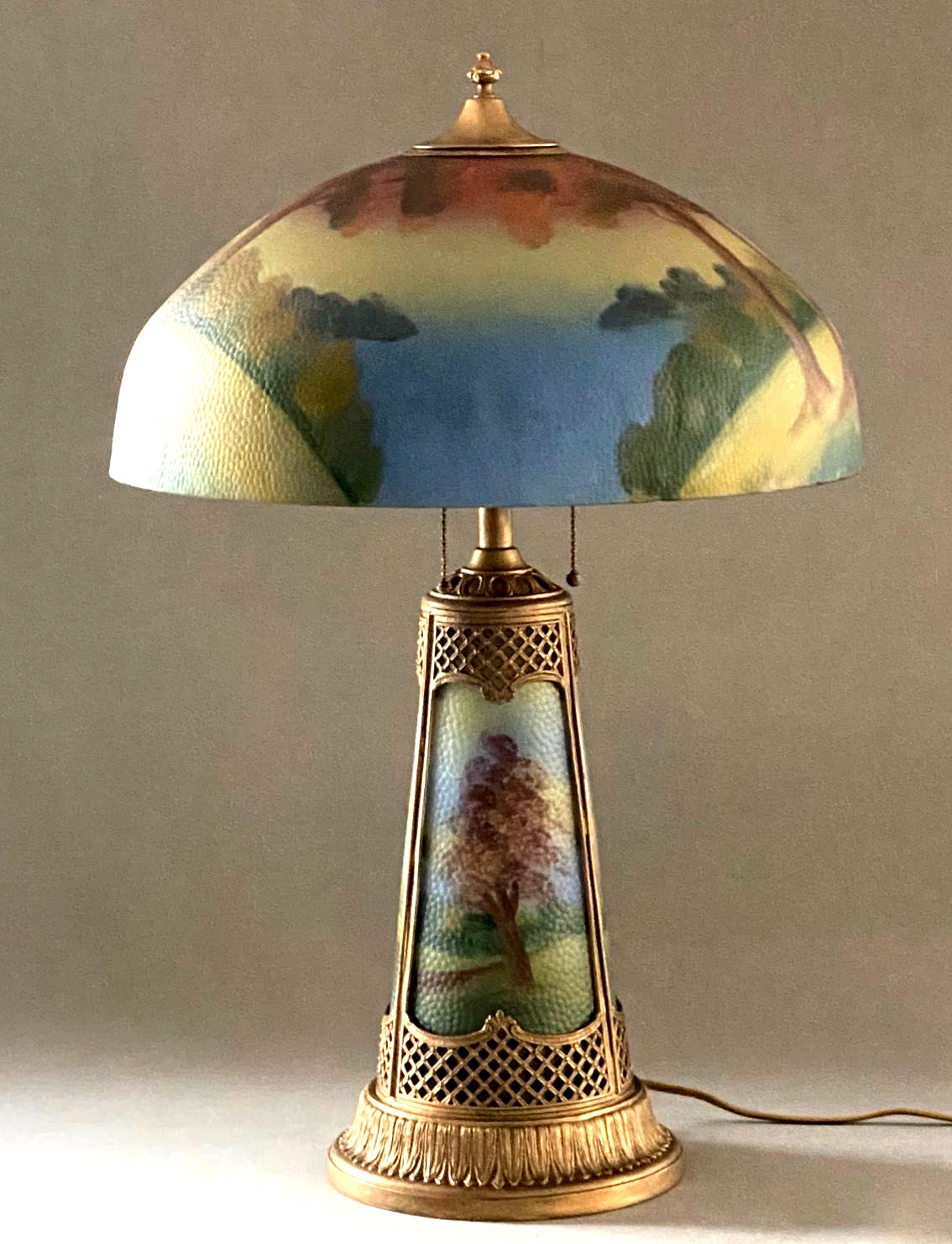 Antique Phoenix Reverse Painted Textured Glass Landscape Table Lamp