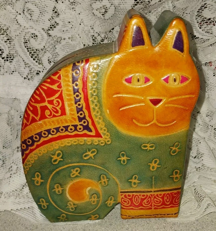 Beautiful Genuine Hand Tooled Leather Kitty Cat Shaped Coin Bank 6.5″
