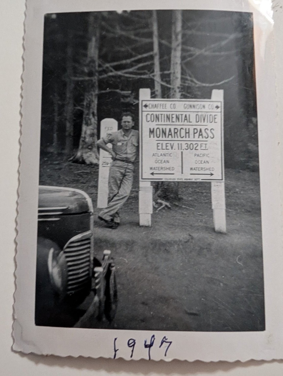 Man Monarch Pass Continental Divide 1947 Snapshot Photograph Colorado Road Trip