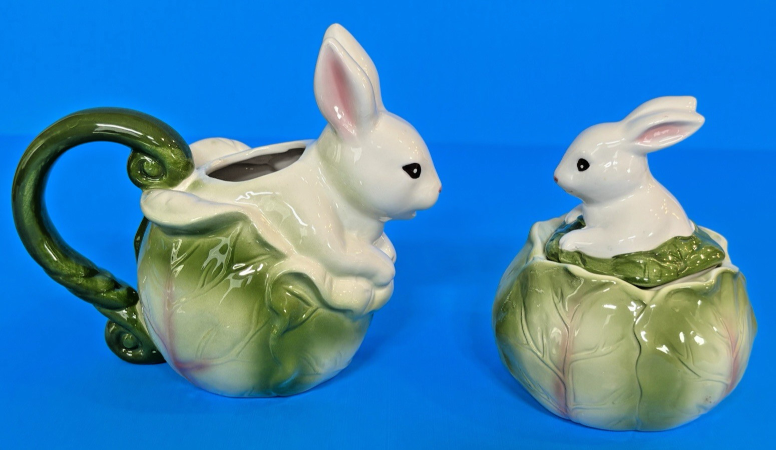 Vintage Applause Rabbit in Cabbage Creamer And Sugar Bowl With Lid Spring/Easter