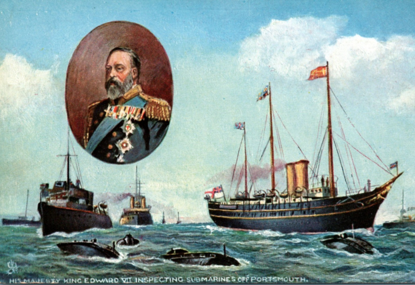 King Edward Inspecting Submarines Off Portsmouth Postcard