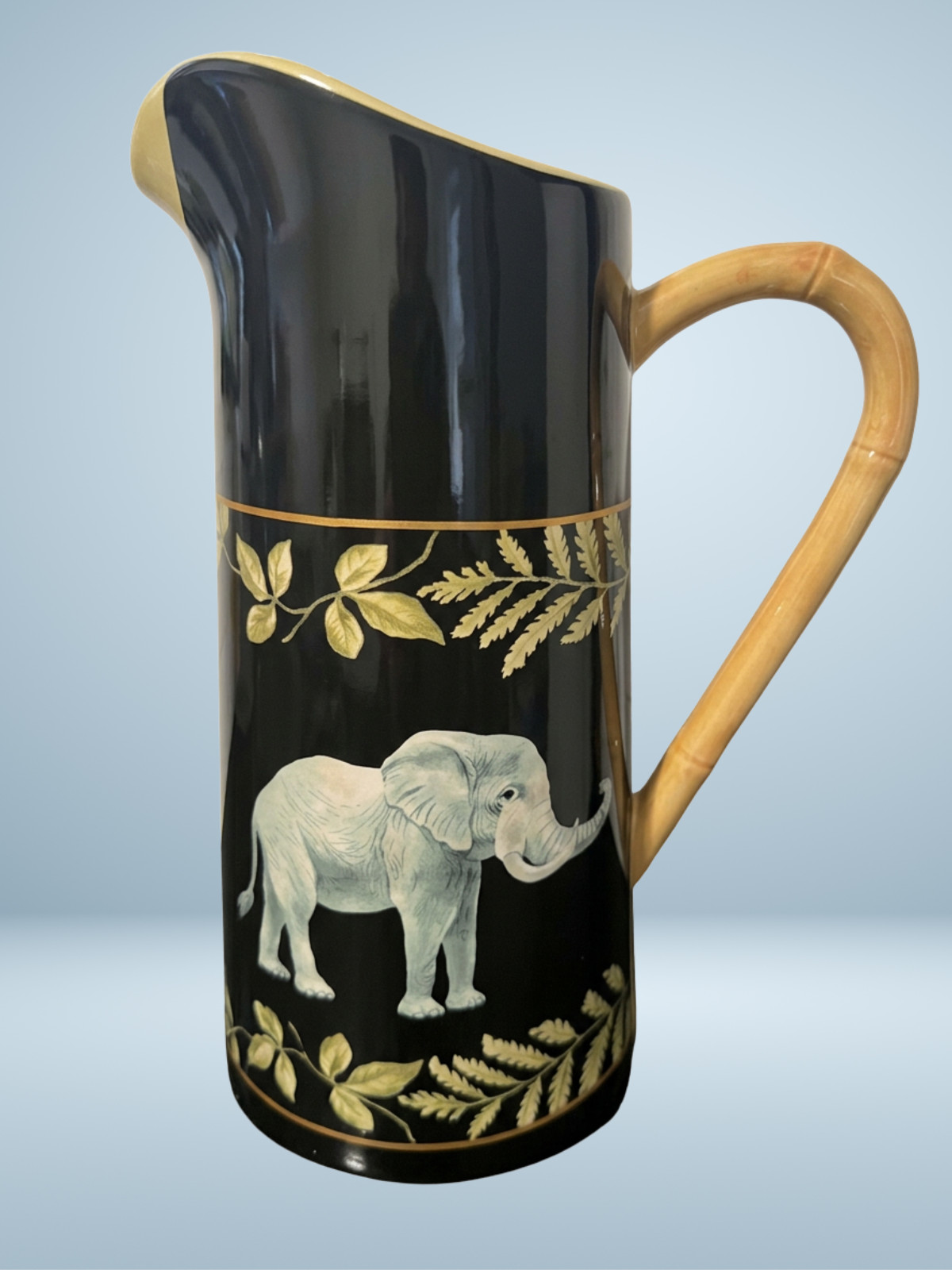 Vintage 2004 Macy’s The Cellar Safari Elephant Ceramic Pitcher 10″ Bamboo Handle