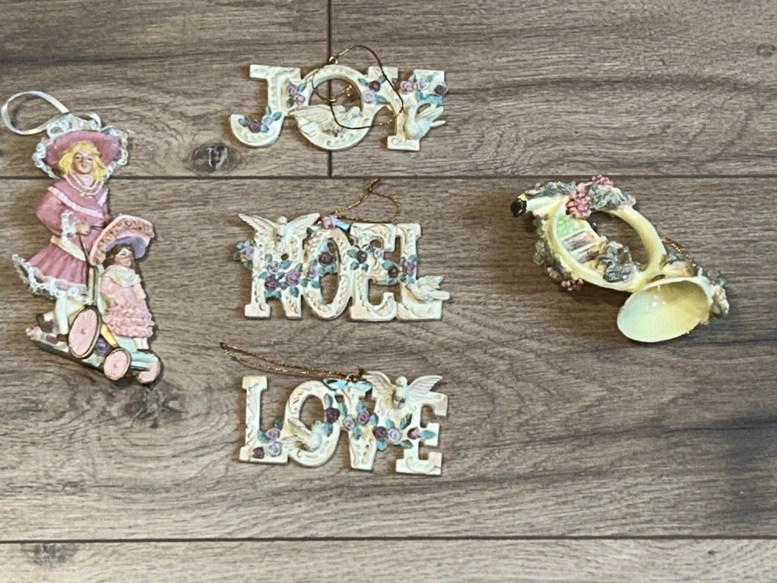 Vintage Shabby Chic Christmas Ornaments Ivory And Pink Victorian Style Lot Of 5