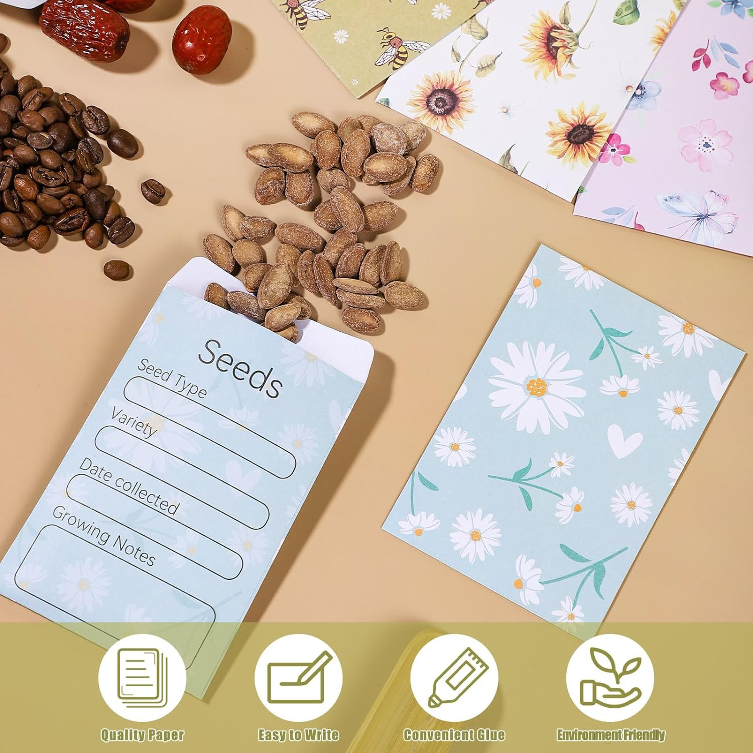 160 Seed Envelopes, Self-Sealing Seed Storage Packets, 3.15 x 4.72 In | 4 Floral