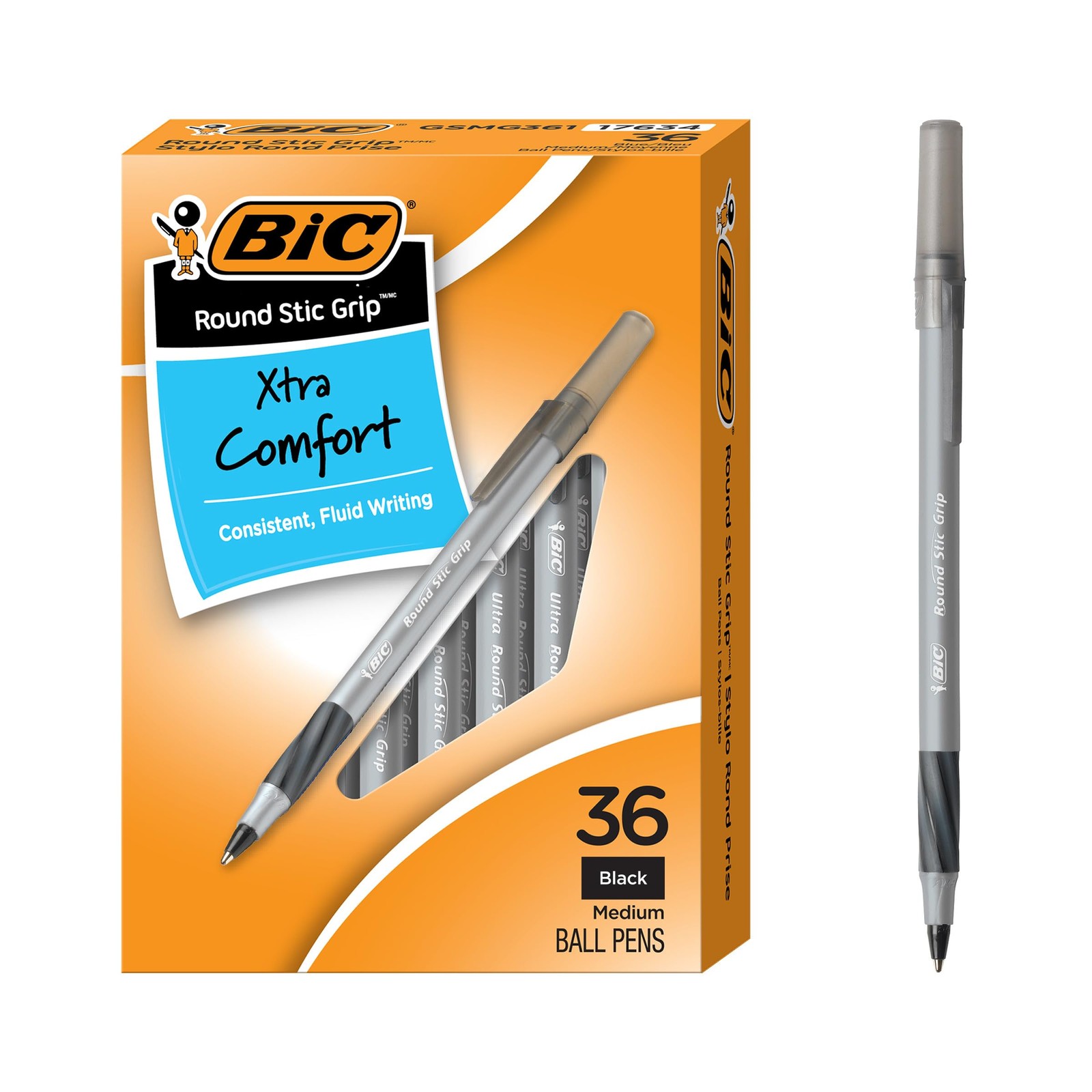 BIC Round Stic Grip Xtra Comfort Black Ballpoint 36 Count (Pack of 1),