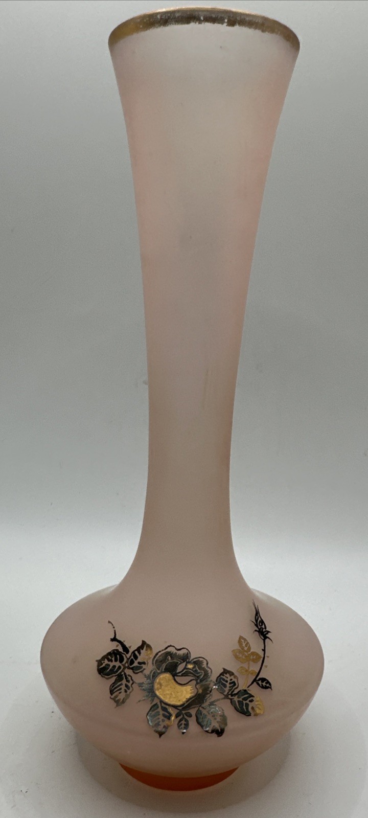 Vintage Pink Norlean Frosted Satin Finished Glass Vase 8” Floral Gold Accents