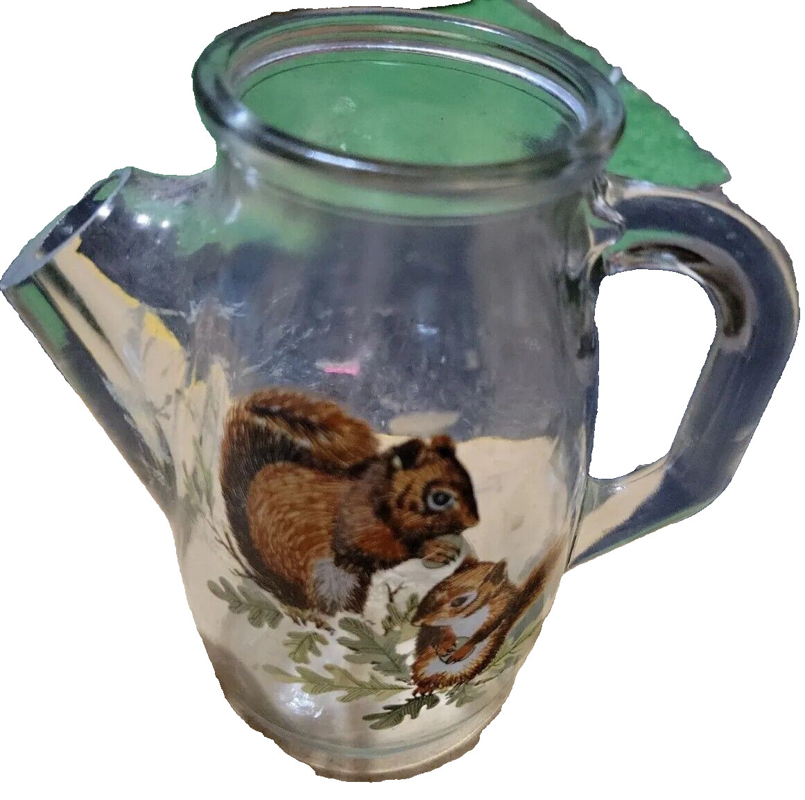 Westmoreland Glass 5.5×6 In Pitcher Handle Snub Nose Spout Squirrel Decal Vtg