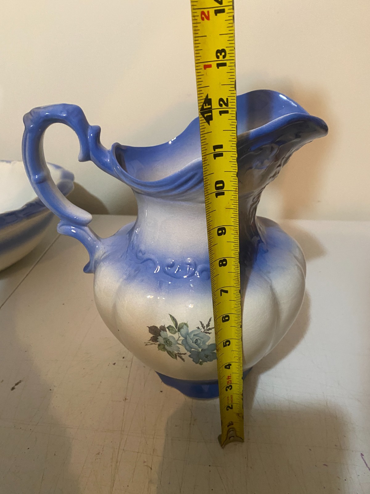Vintage Blue White Wash Basin Pitcher Set Farmhouse Cottage Decor