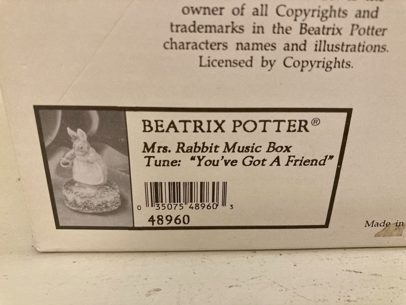 Vintage Schmid Beatrix Potter Musical Tea Pot W/ Box 1994