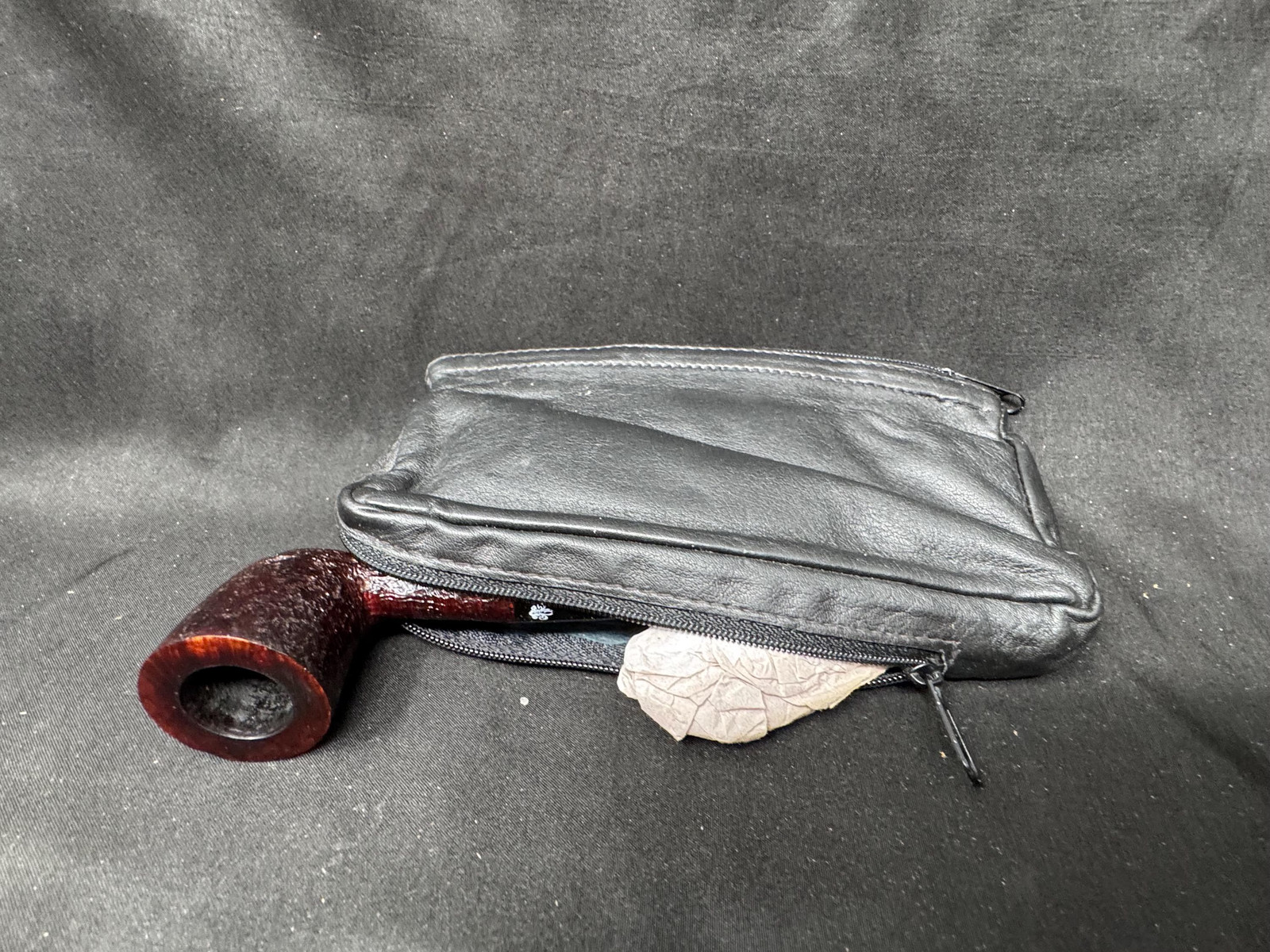 Vintage German Leather Pipe & Tobacco Pouch, Dual-Zipper NOS, c. 1980s-1990s