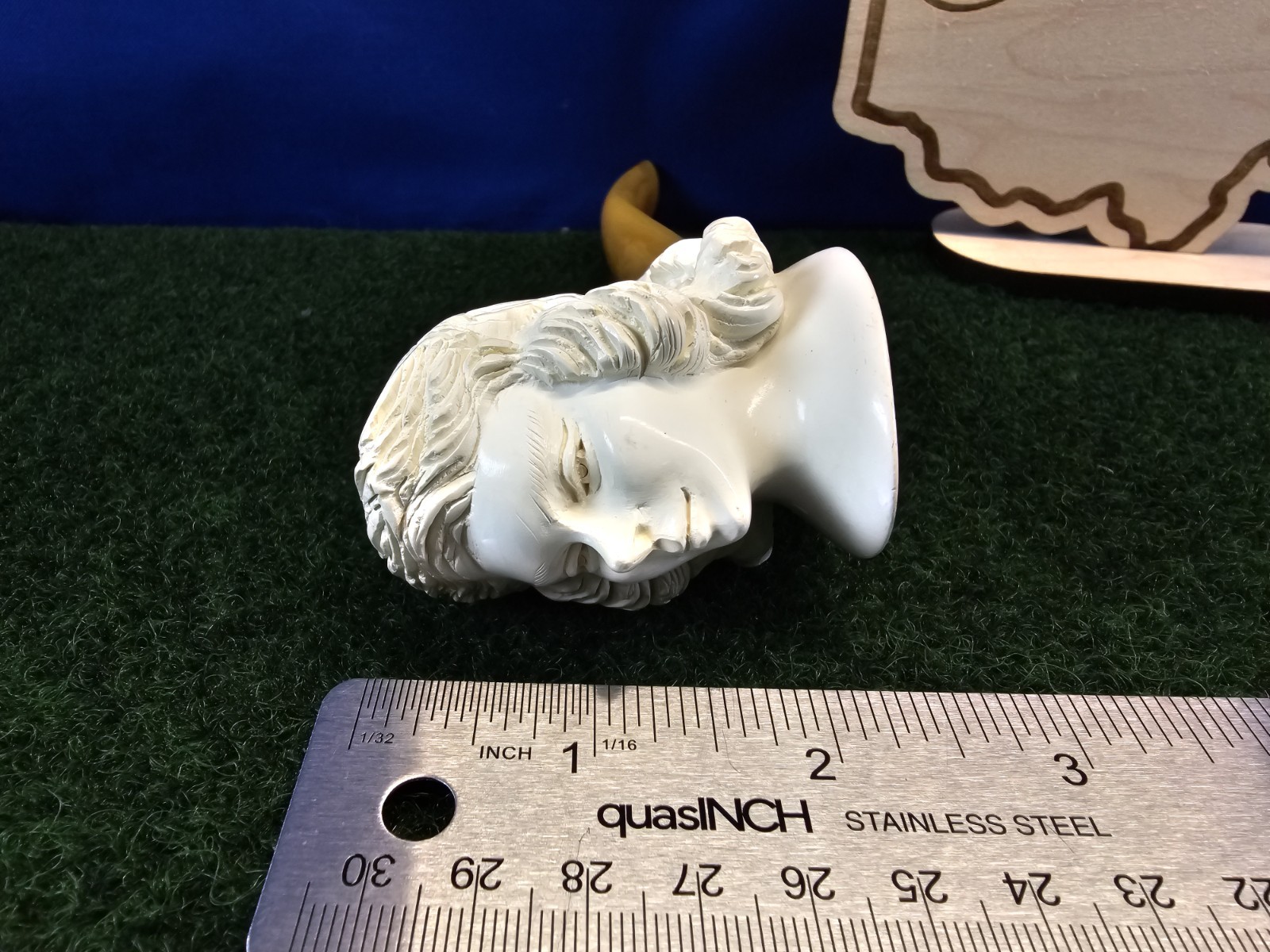 Female Figure Carved Curved Yellow Stem Block Meerschaum Pipe, Unsmoked