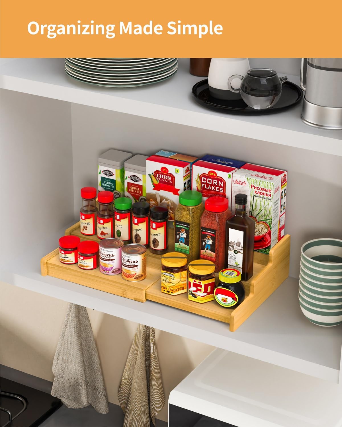 VenDotbi Spice Rack, 3-Tier Expandable Bamboo 8.74*8.74*3.35IN,