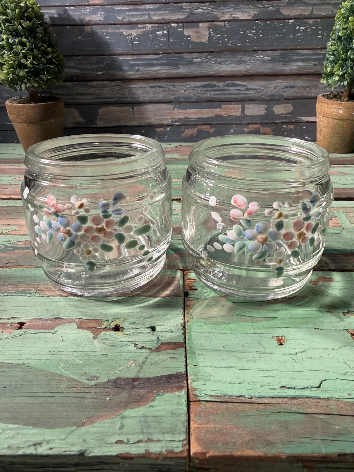 Vintage Nursery Jars Pink AND Blue Flowers Kruger Glass NO LIDS Set of Two